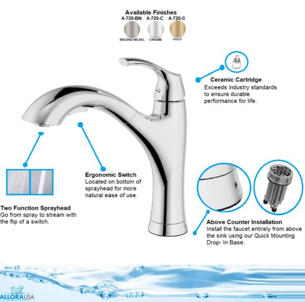 Chrome Single Lever Kitchen Faucet with Pull-Out Sprayer, A-720-C