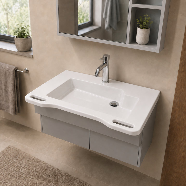 31-3/4 in. ADA Compliant Wall-Mounted Bathroom Vanity with Ceramic Sink, Built-In Support Handles, and Matte Grey Cabinet