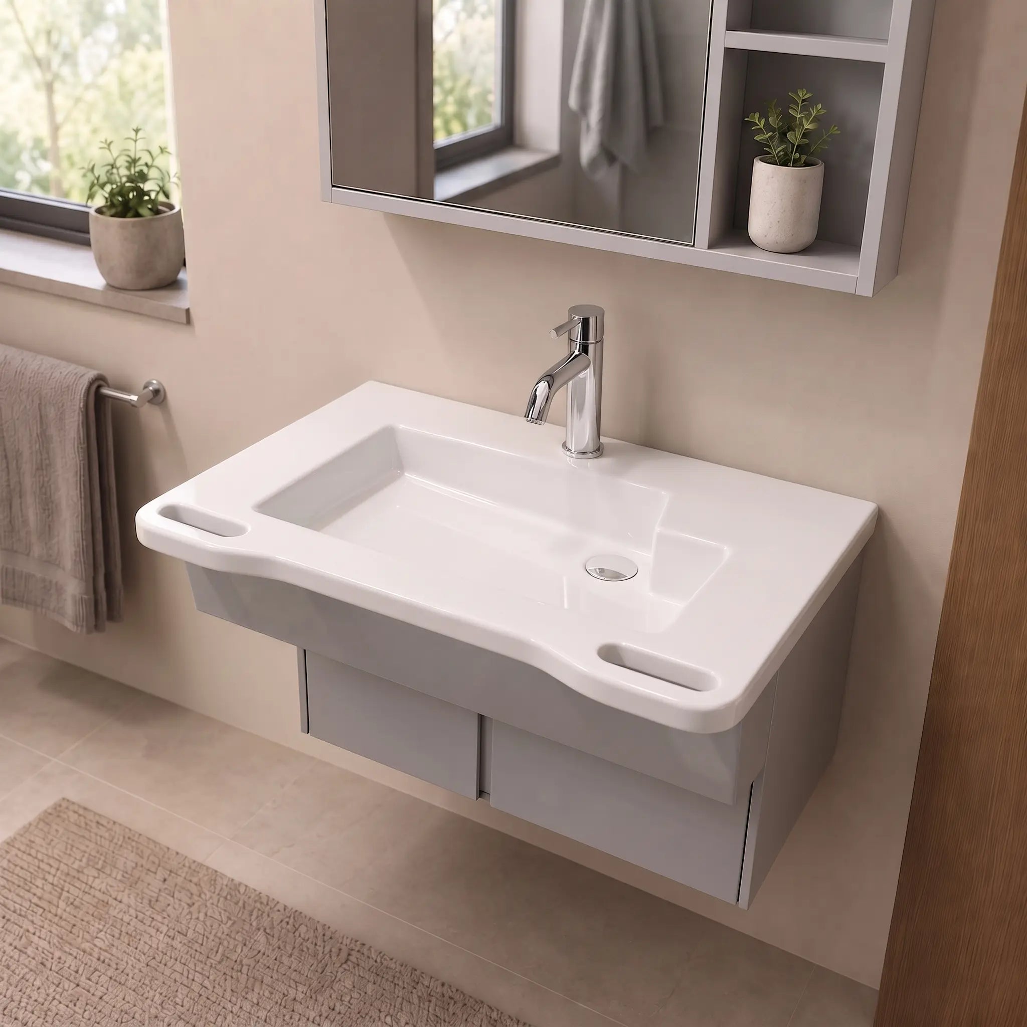31-3/4 in. ADA Compliant Wall-Mounted Bathroom Vanity with Ceramic Sink, Built-In Support Handles, and Matte Grey Cabinet