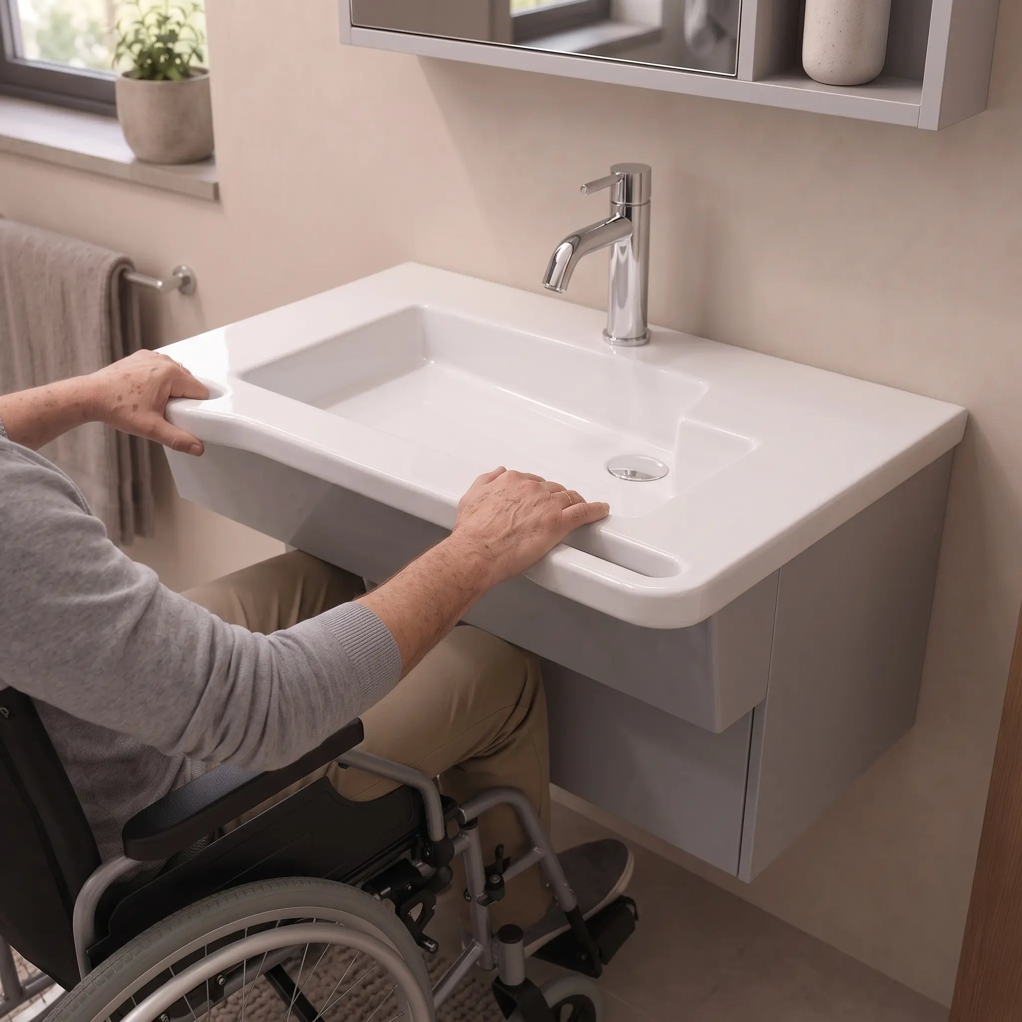 31-3/4 in. ADA Compliant Wall-Mounted Bathroom Vanity with Ceramic Sink, Built-In Support Handles, and Matte Grey Cabinet