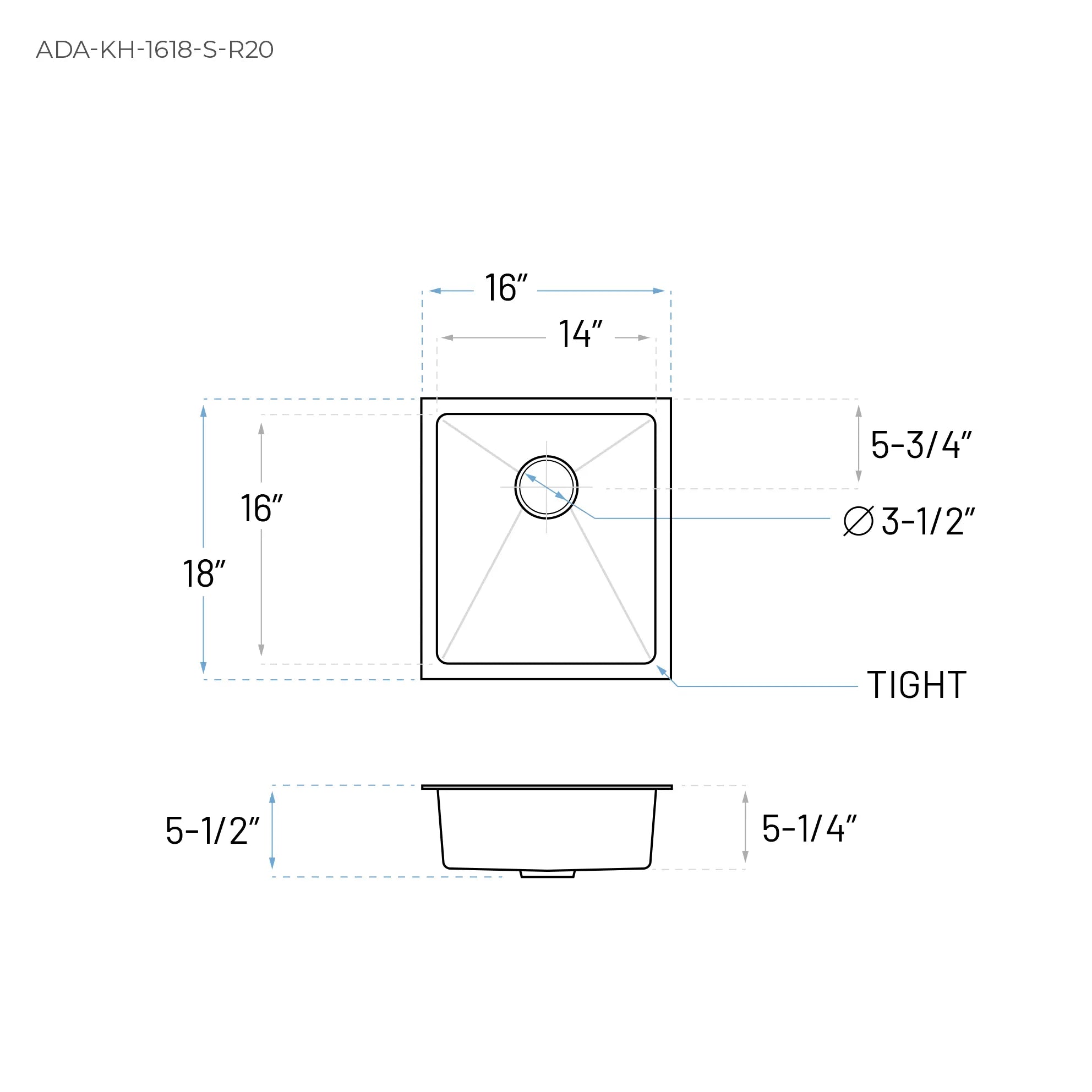16" ADA-Compliant Undermount Stainless Steel Bar and RV Sink, ADA-KH-1618-S-R20