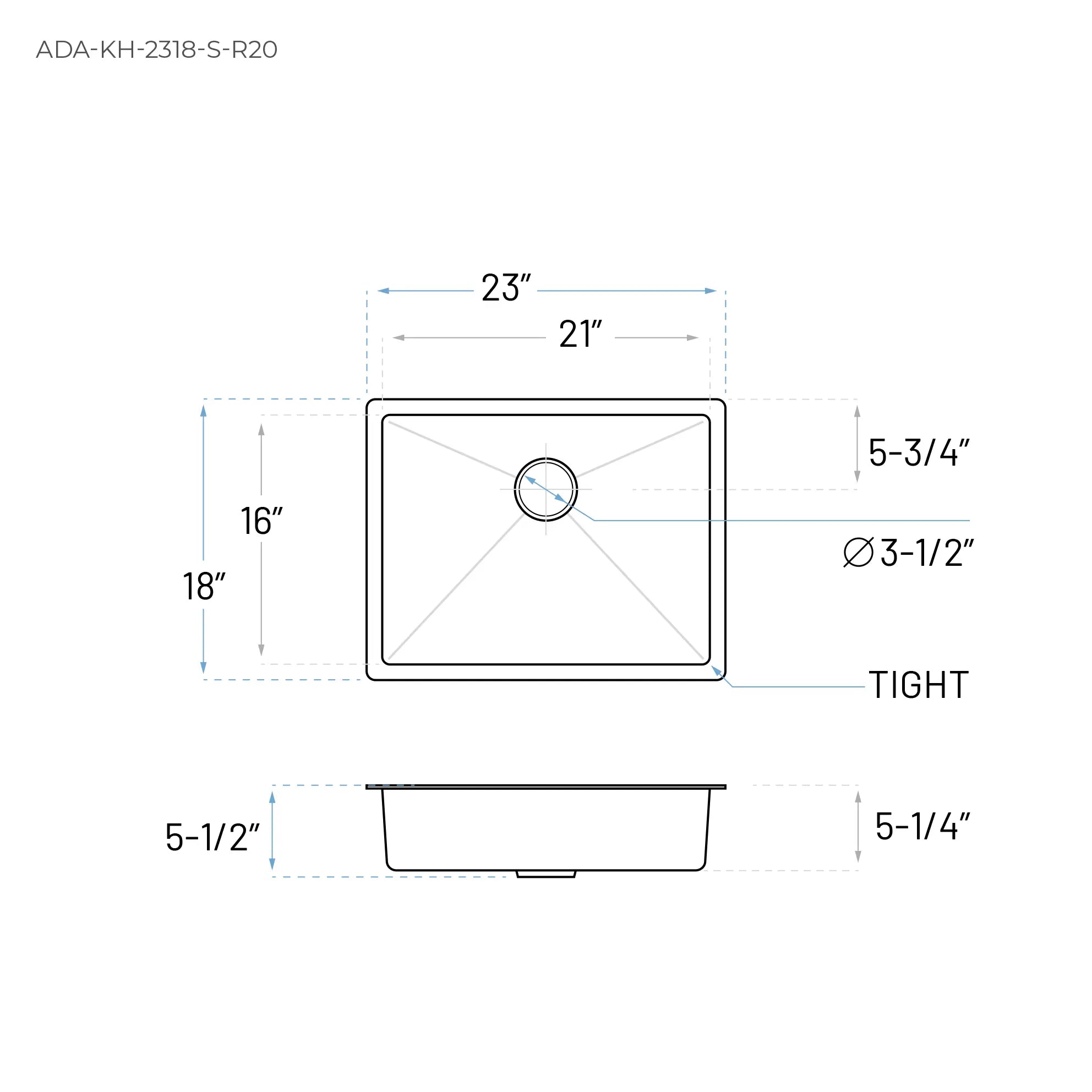 23" Undermount Stainless Steel Single Bowl ADA-Compliant Kitchen Sink, ADA-KH-2318-S-R20