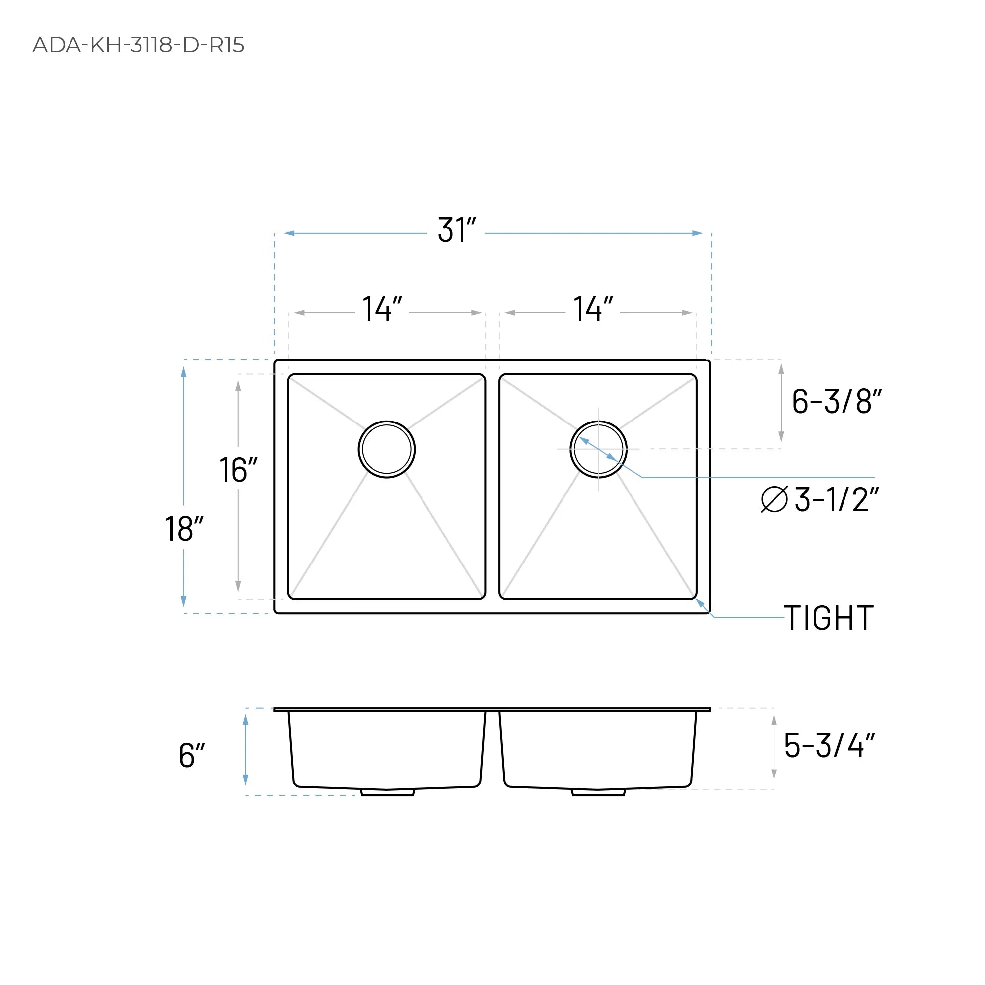 31" Undermount Double Bowl Stainless Steel ADA Kitchen Sink, ADA-KH-3118-D-R15