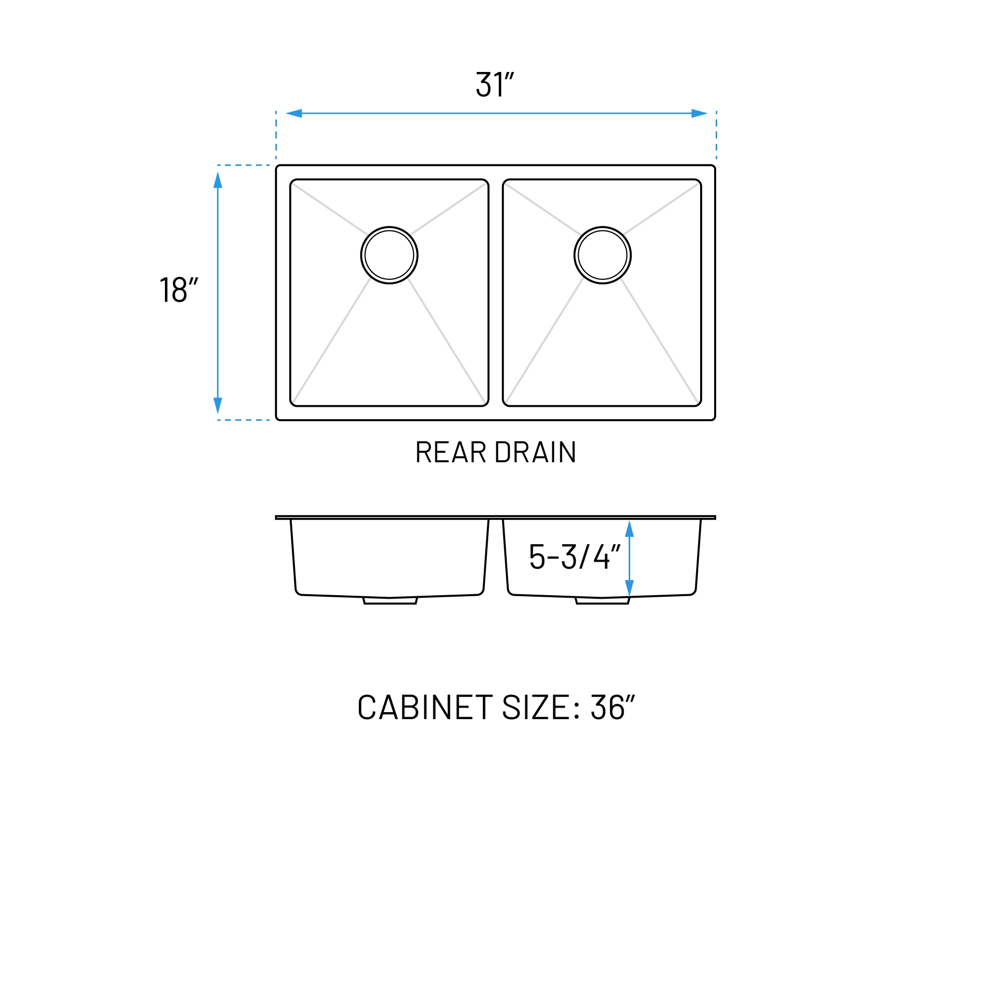31" Undermount Double Bowl Stainless Steel ADA Kitchen Sink, ADA-KH-3118-D-R15