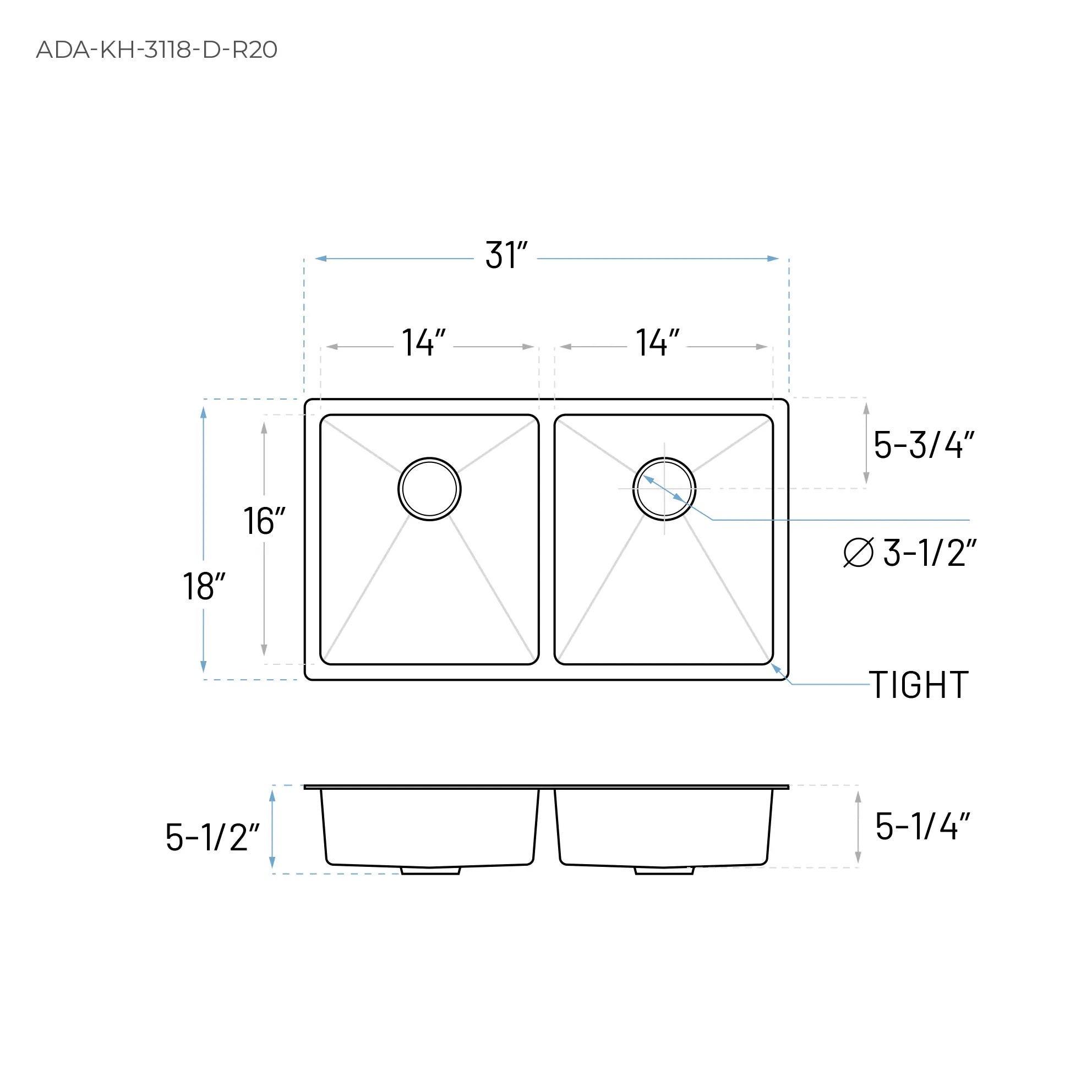 31" Undermount Double Bowl Stainless Steel ADA-Compliant Kitchen Sink, ADA-KH-3118-D-R20