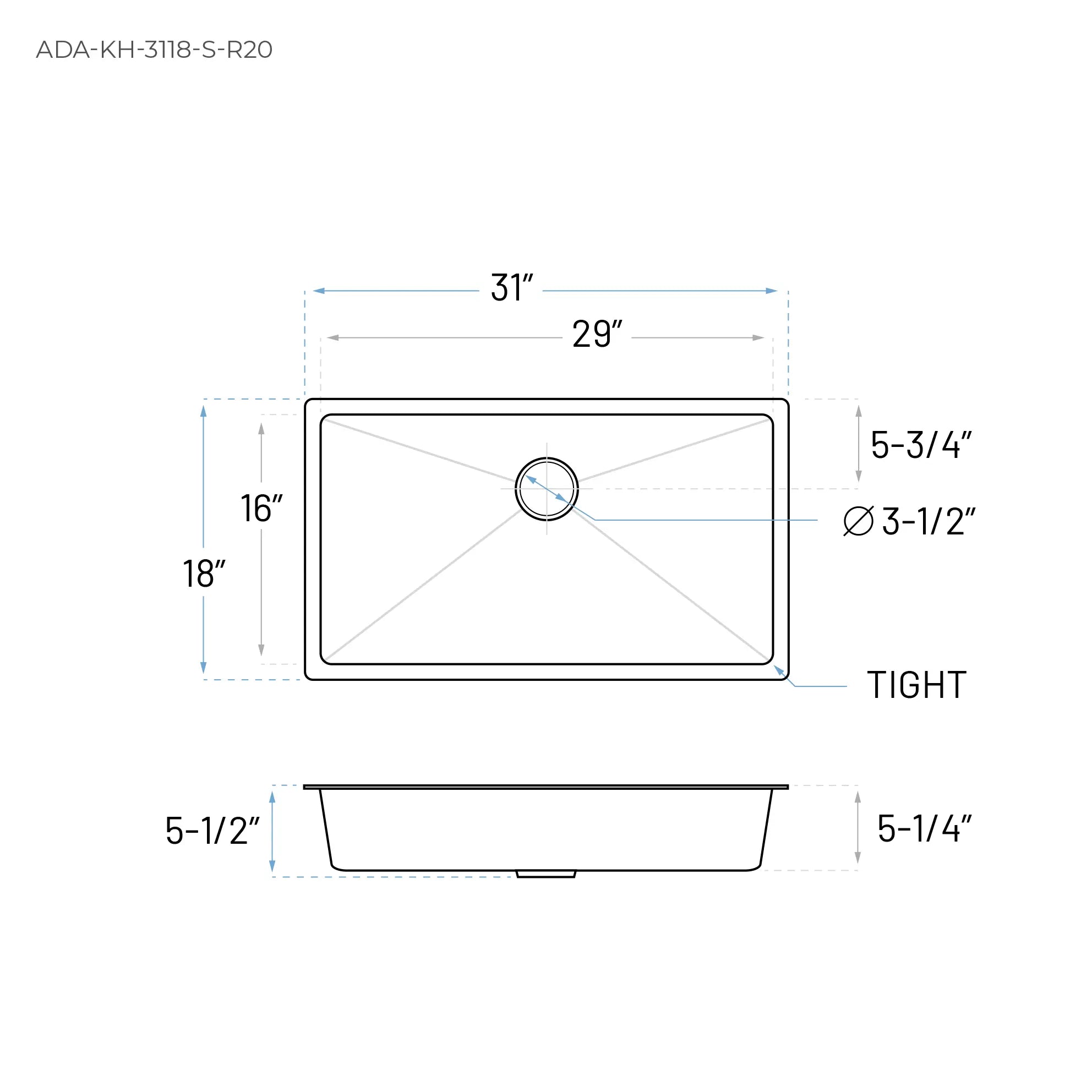 31" Undermount Stainless Steel Single Bowl ADA-Compliant Kitchen Sink, ADA-KH-3118-S-R20