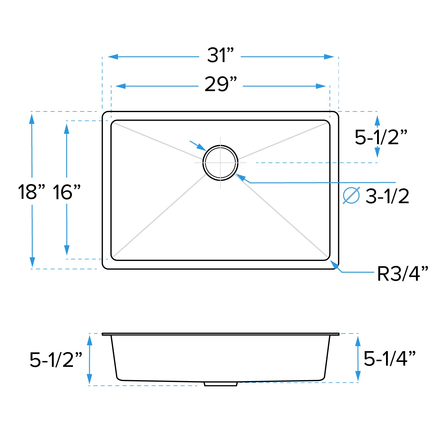 31" Undermount Stainless Steel Single Bowl ADA-Compliant Kitchen Sink, ADA-KH-3118-S-R20
