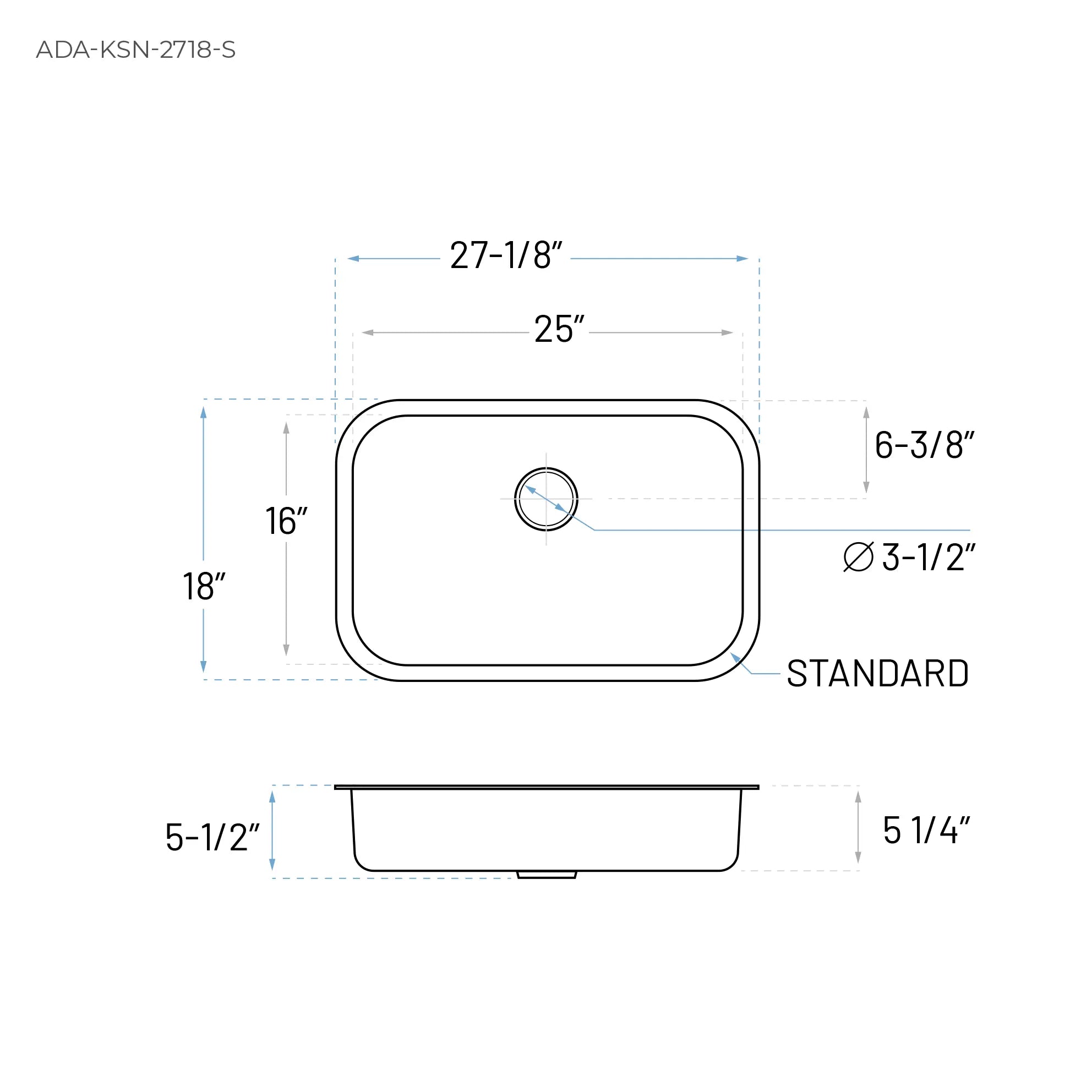 27" ADA-Compliant Single Bowl Undermount Sink in Stainless Steel – Classic Design – ADA-KSN-2718-S