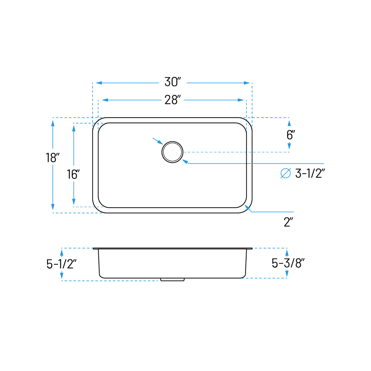 30" ADA Undermount Stainless Steel Kitchen Sink with 2" Radius Corners