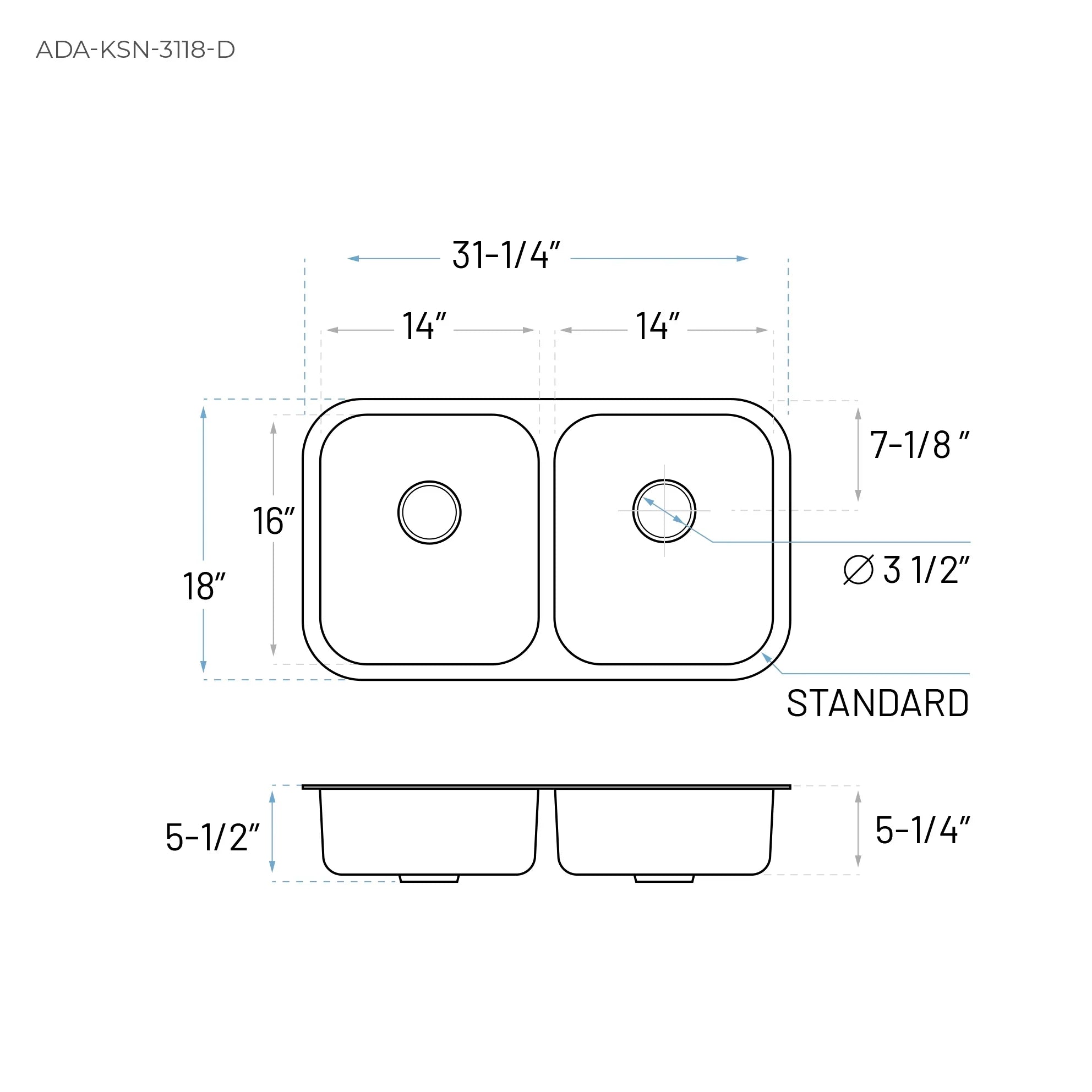 31" ADA-Compliant Undermount Double Bowl Stainless Steel Kitchen Sink, ADA-KSN-3118-D