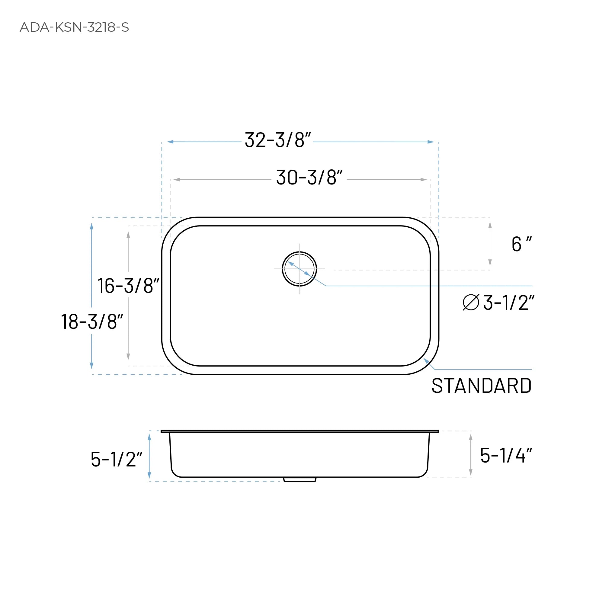 32" ADA-Compliant Undermount Stainless Steel Single Bowl Kitchen Sink, ADA-KSN-3218-S