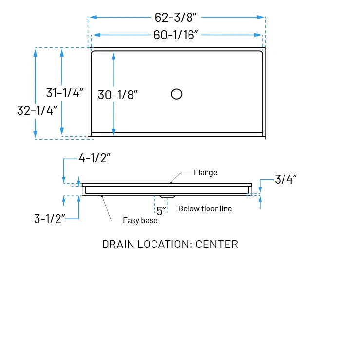 62" x 32" Roll-In ADA Acrylic Shower Base, ADA-SP-6232-10