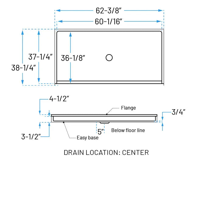 62" x 38" Roll-In ADA Acrylic Shower Base, ADA-SP-6238-10