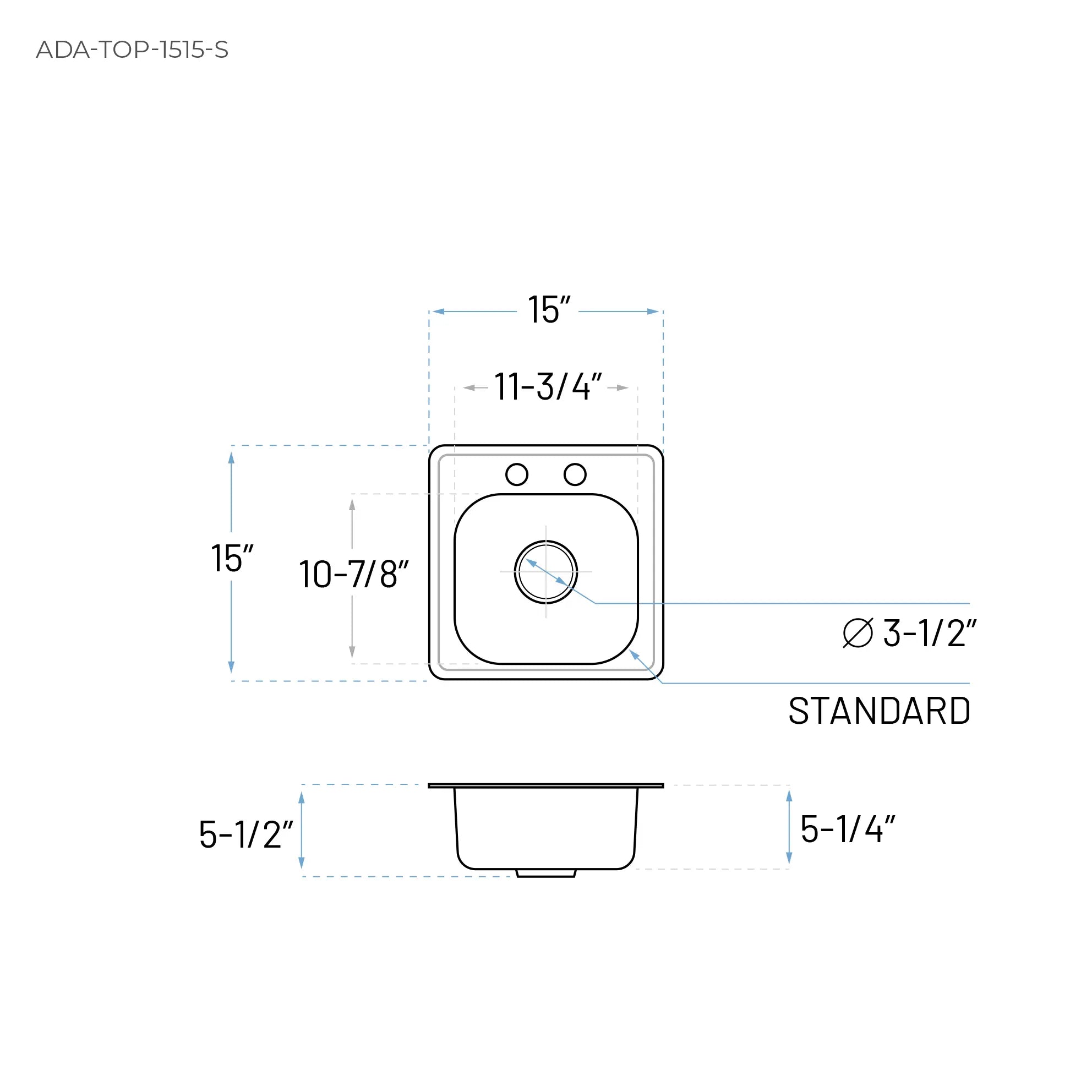 15" ADA-Compliant Top Mount Stainless Steel 2-Hole RV and Bar Sink, ADA-TOP-1515-S
