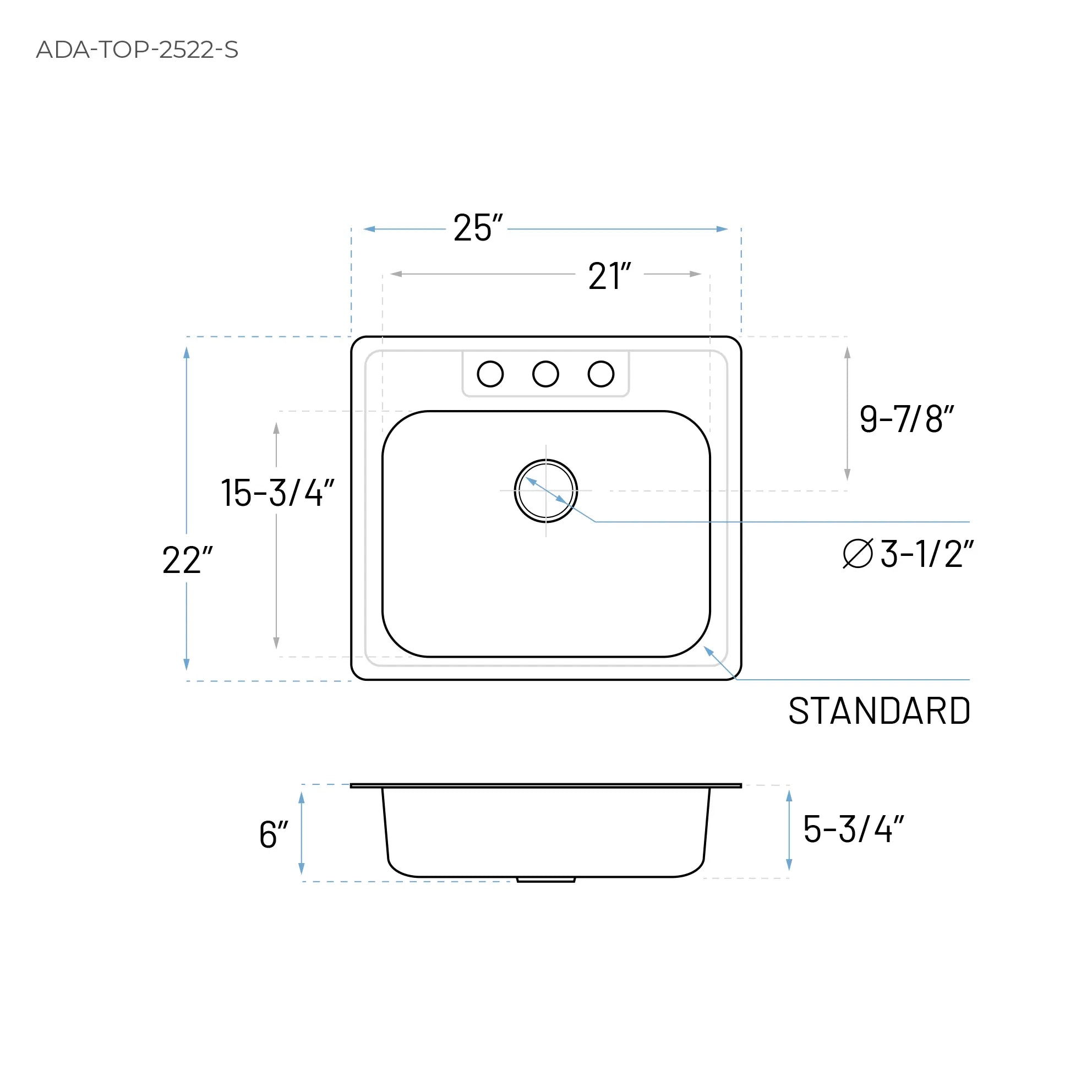 25" Top Mount Stainless Steel 3-Hole Single Bowl ADA Kitchen Sink, ADA-TOP-2522-S