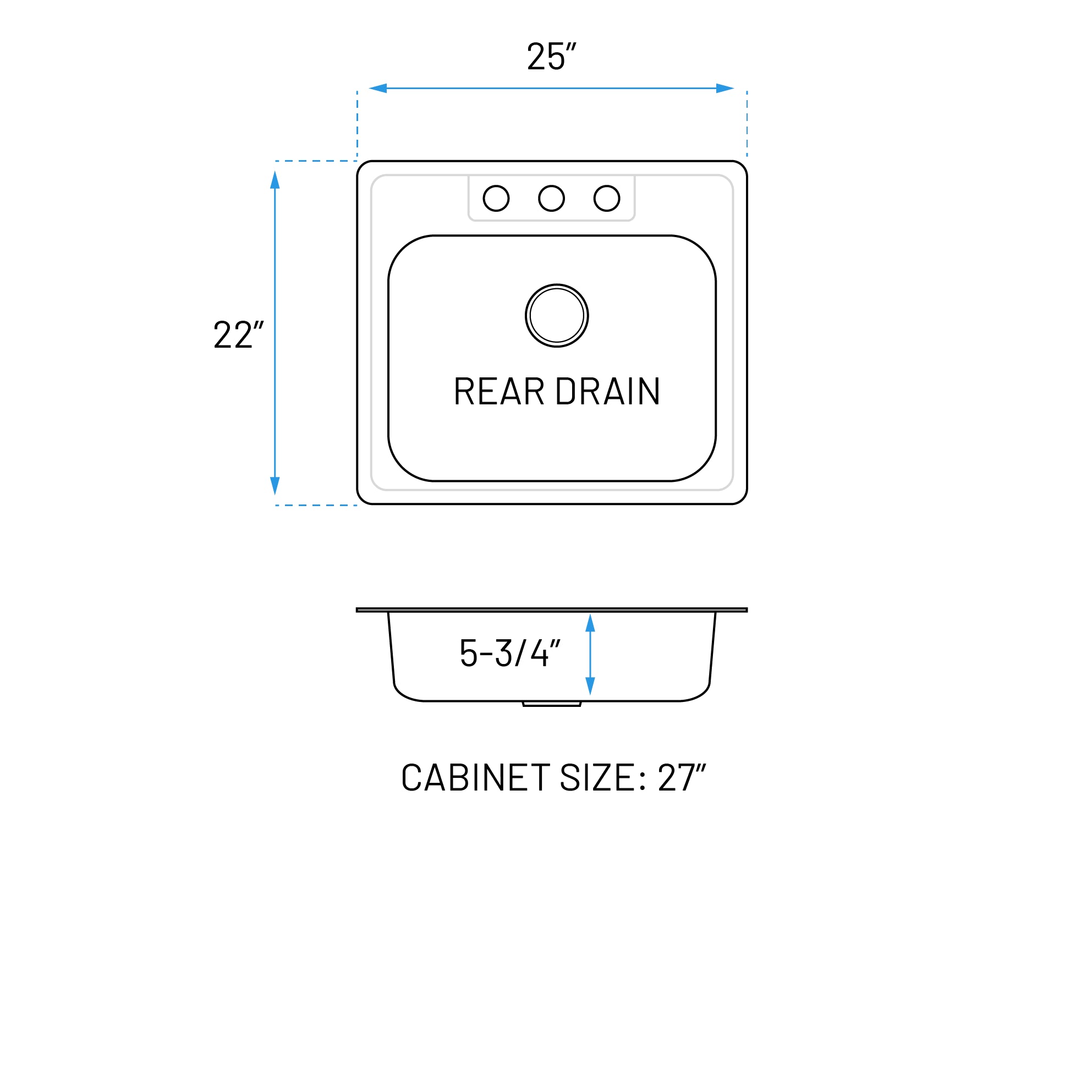 25" Top Mount Stainless Steel 3-Hole Single Bowl ADA Kitchen Sink, ADA-TOP-2522-S