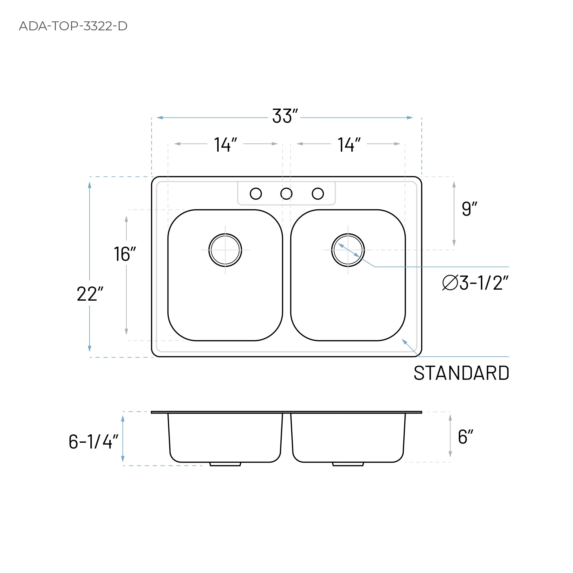 33" ADA-Compliant Top Mount Double Bowl Stainless Steel Kitchen Sink, ADA-TOP-3322-D