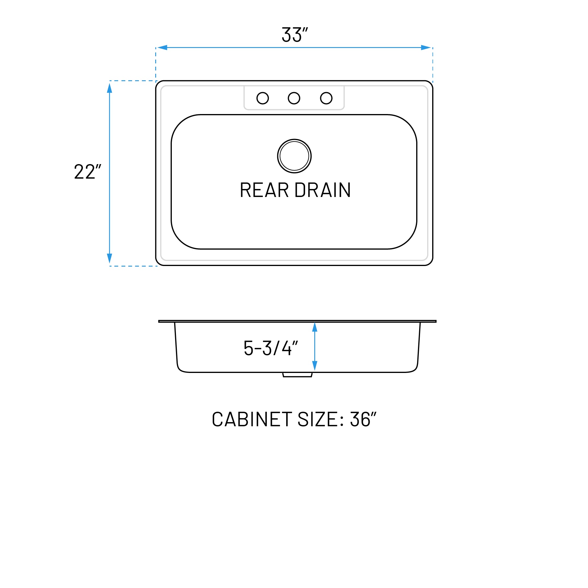 33" Top Mount Stainless Steel 3-Hole Single Bowl ADA Kitchen Sink, ADA-TOP-3322-S