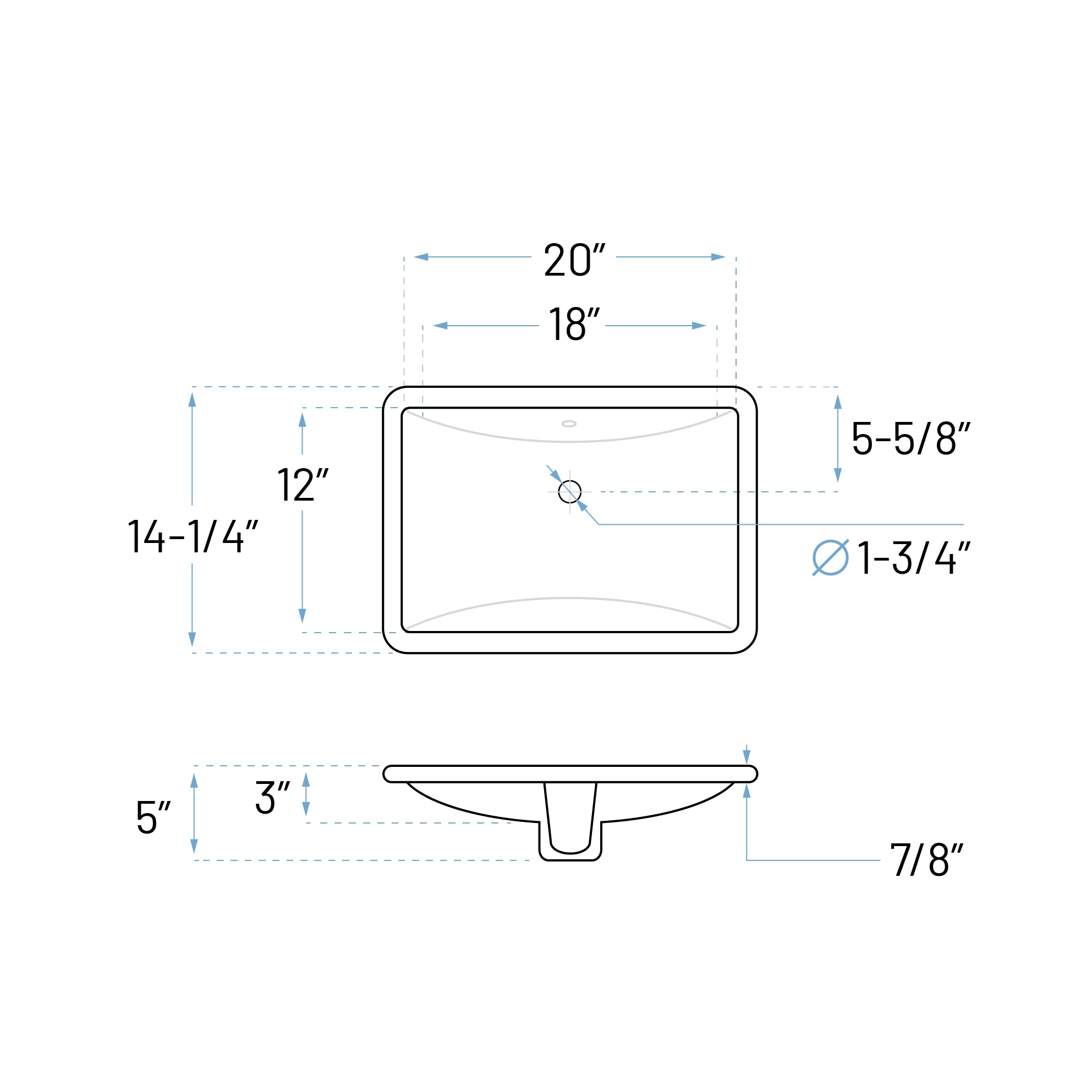 20" Shallow White Porcelain Undermount ADA Rectangular Bathroom Sink, ADA-VCS-1218-R