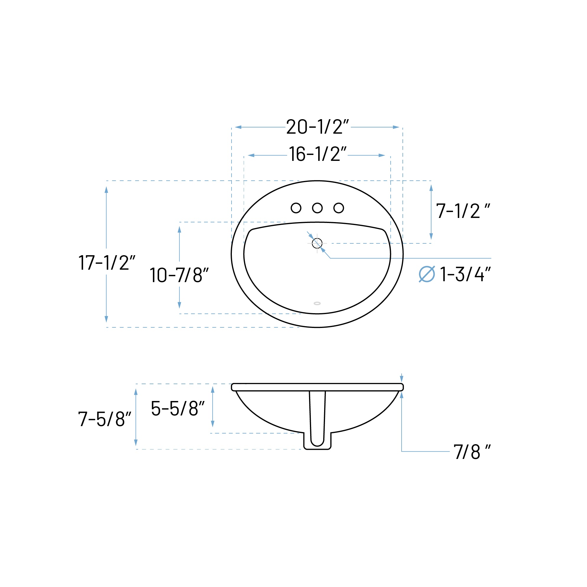 20-1/2" ADA-Depth Oval Porcelain Top Mount Bathroom Sink in White, ADA-VCS-2017-O-T
