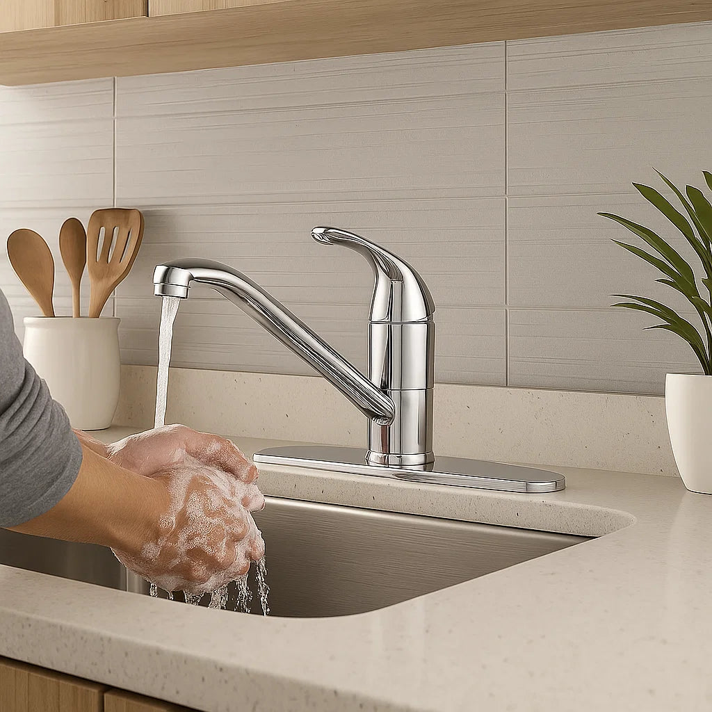 Single Handle Low Arc Deck Mounted Kitchen Faucet with Deckplate in Chrome, B-100-C