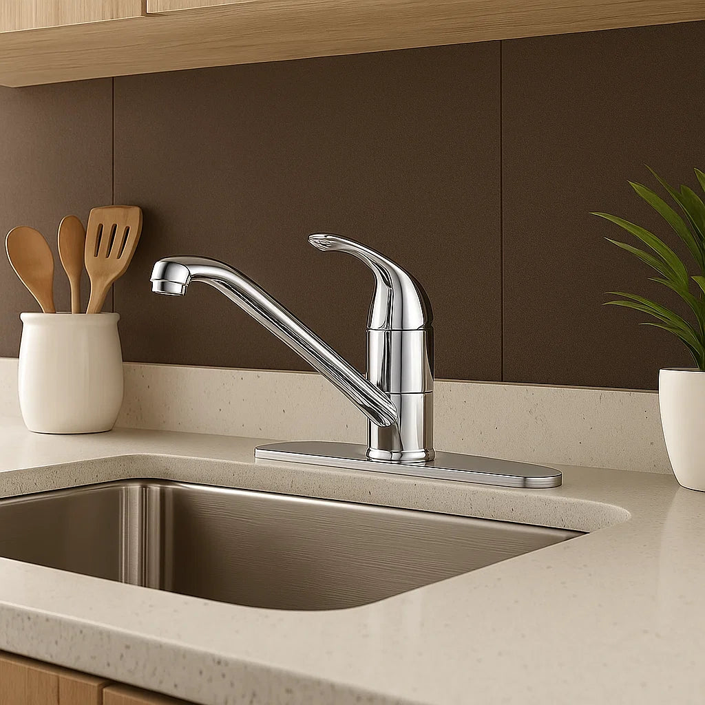 Single Handle Low Arc Deck Mounted Kitchen Faucet with Deckplate in Chrome, B-100-C