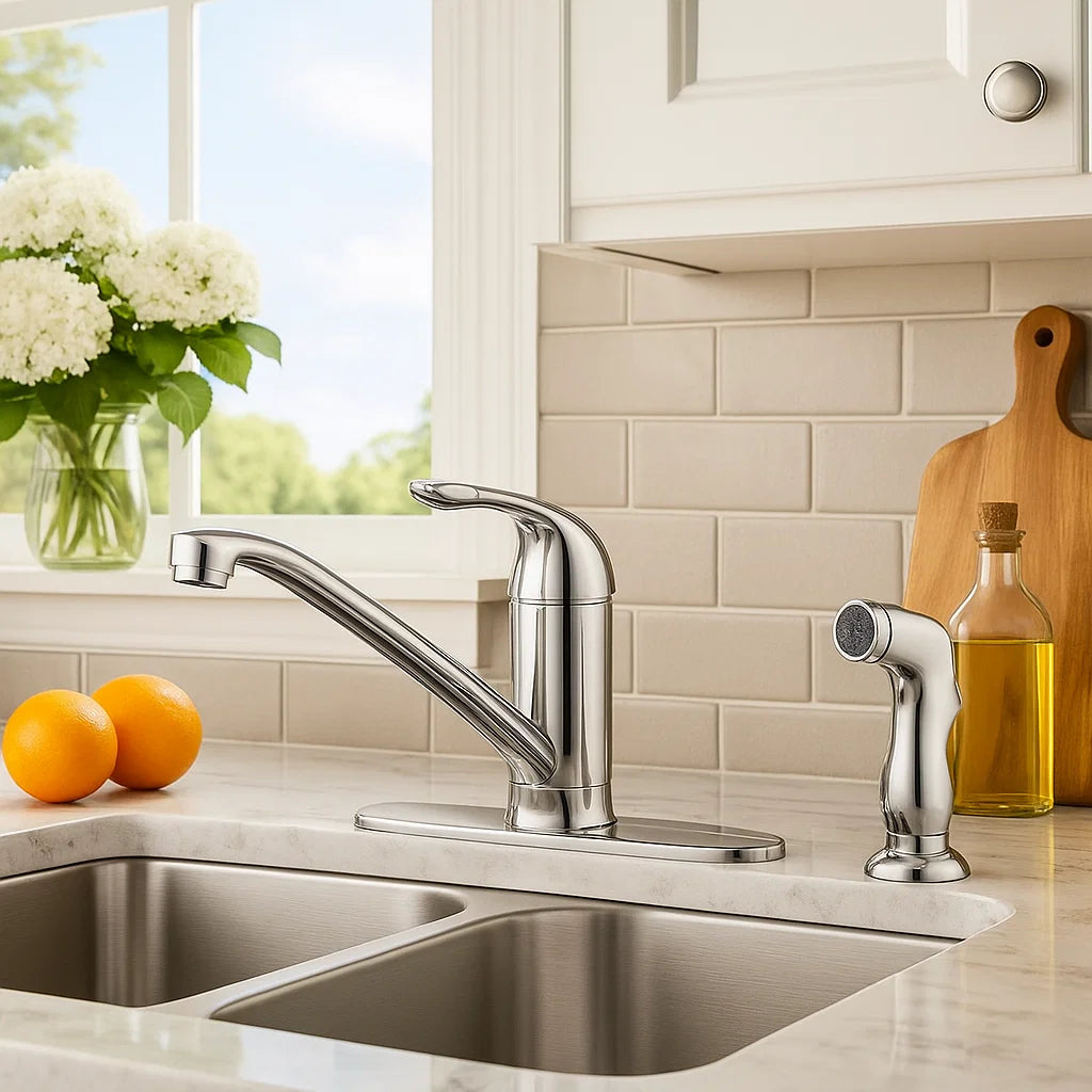 Single Handle Low Arc Deck Mounted Kitchen Faucet with Side Sprayer in Chrome, B-101-C