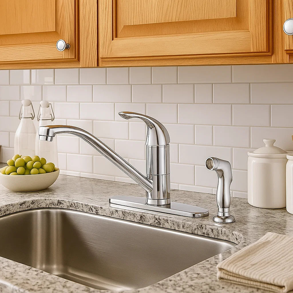 Single Handle Low Arc Deck Mounted Kitchen Faucet with Side Sprayer in Chrome, B-101-C