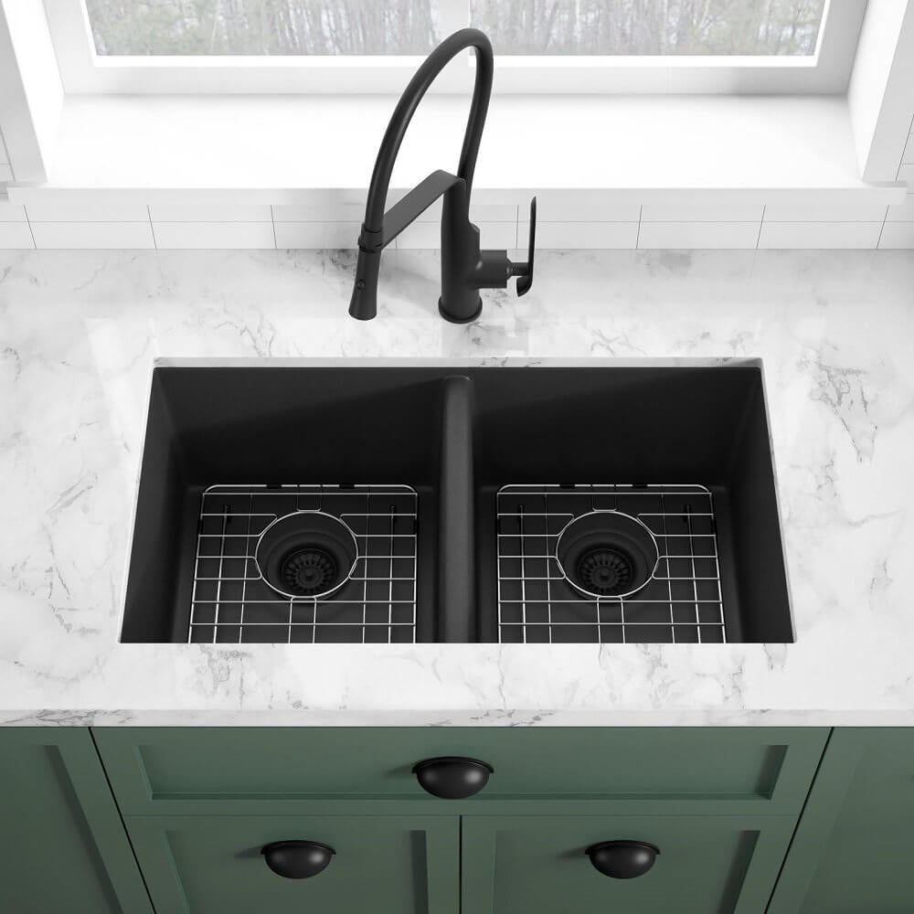 31" Undermount Granite Composite Double Bowl Black Kitchen Sink with Grids, GC-3118-10-D