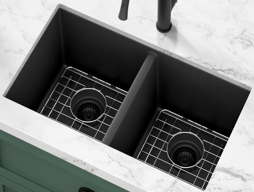31" Undermount Granite Composite Double Bowl Black Kitchen Sink with Grids, GC-3118-10-D
