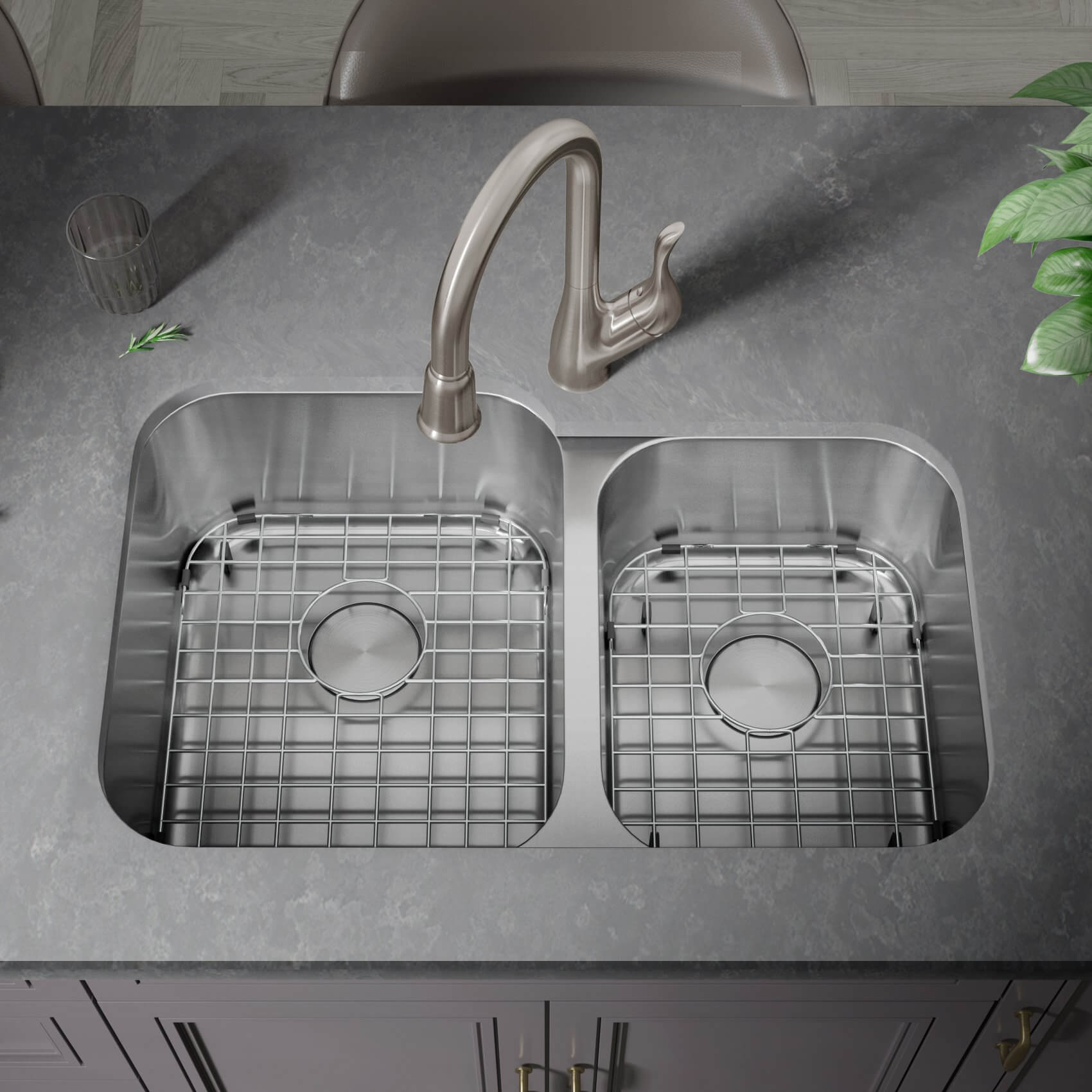 31" Undermount 70/30 Offset Double Bowl Stainless Steel Kitchen Sink, KSN-2131-9-D