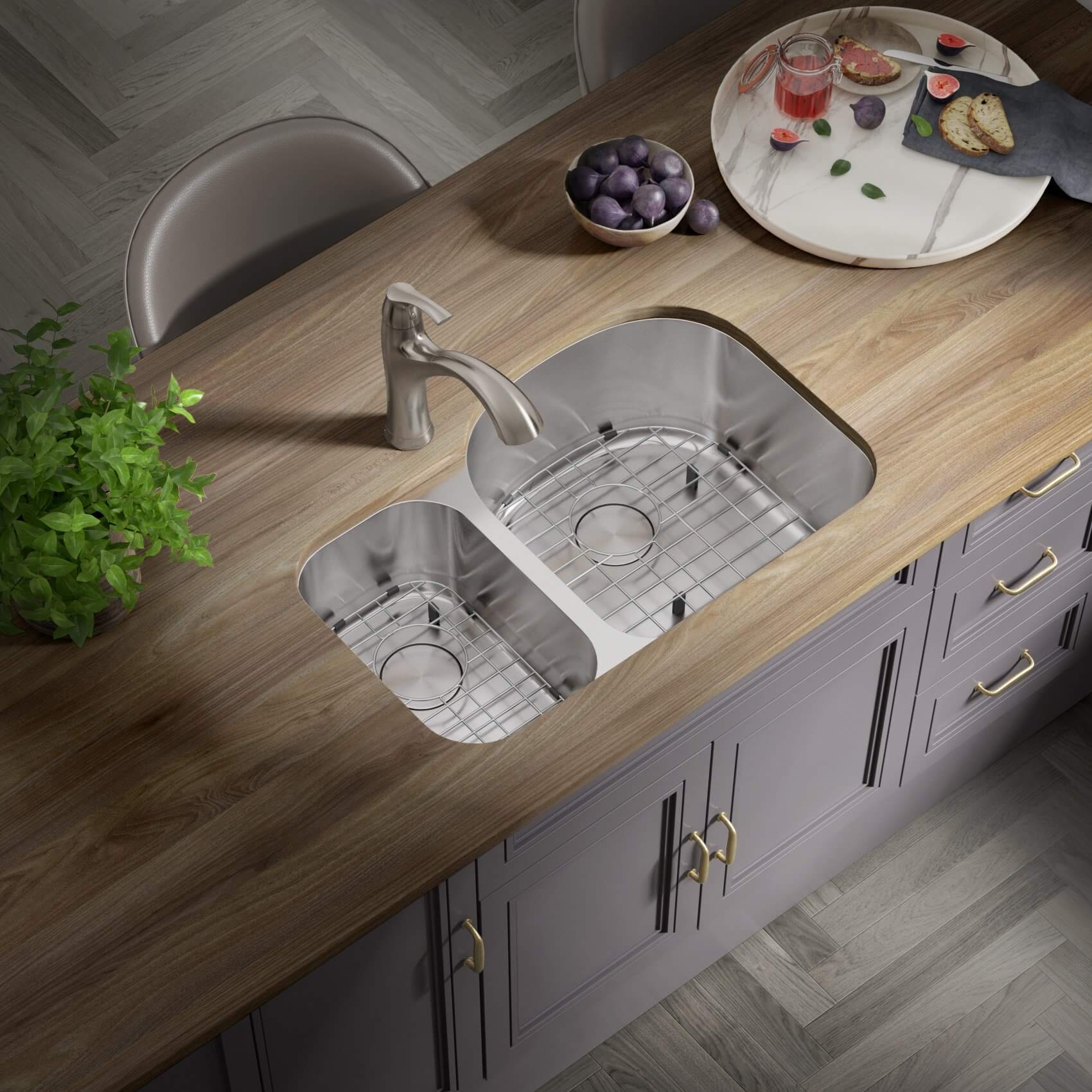 31" Undermount 30/70 Offset Double Bowl Stainless Steel Kitchen Sink, KSN-3121R-9-D