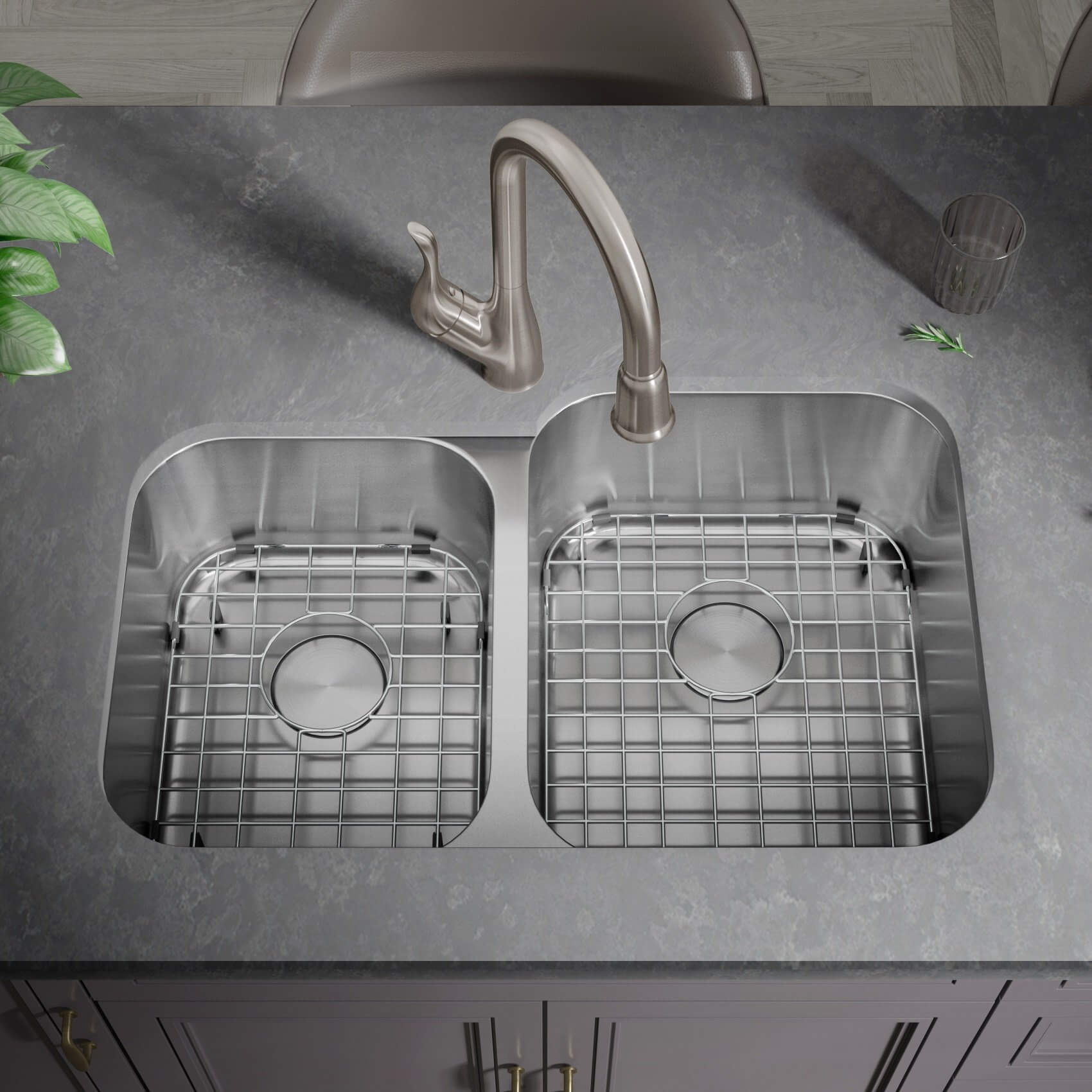 32" Undermount 40/60 Offset Double Bowl Stainless Steel Kitchen Sink, KSN-3221R-9-D