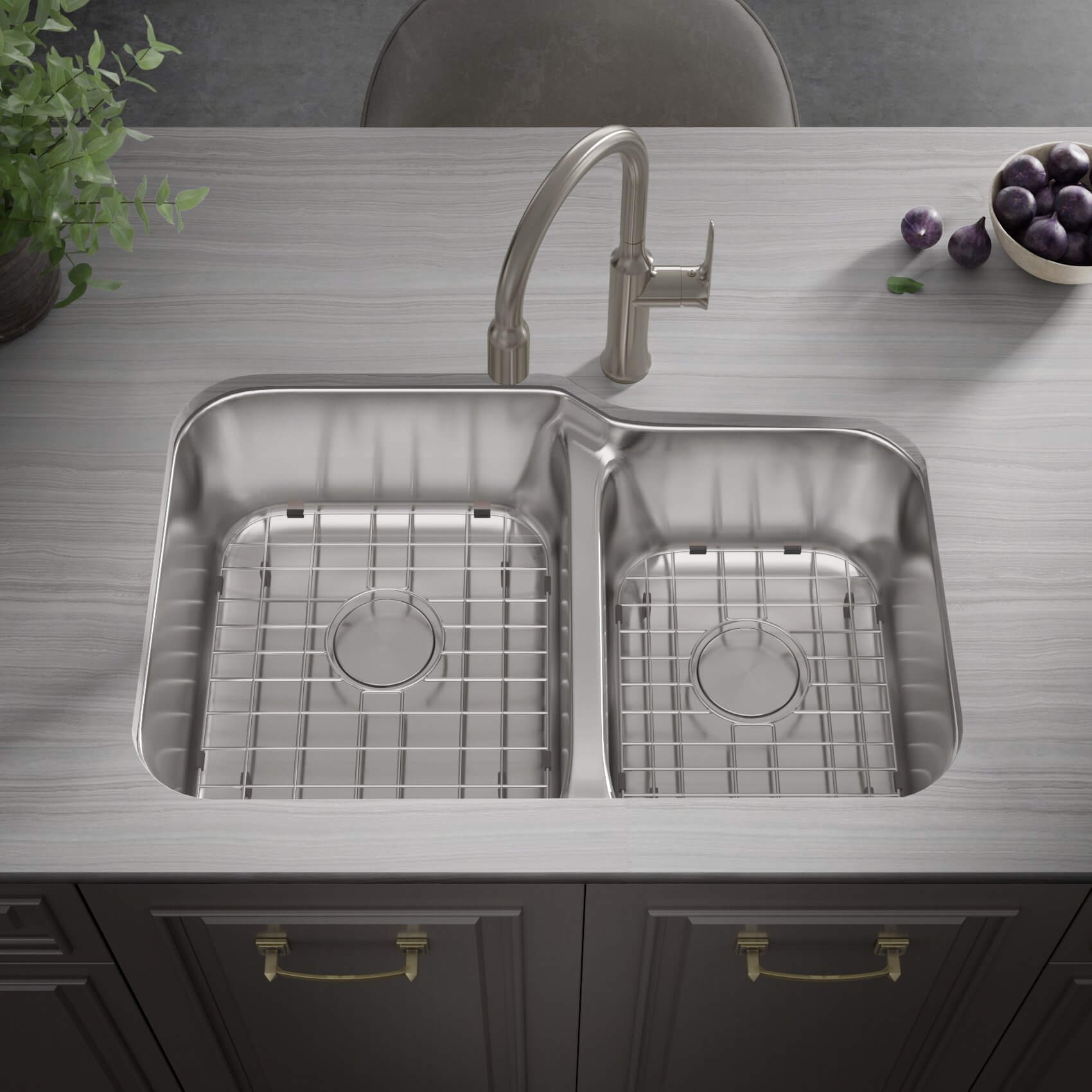 32" Low Divide Offset Undermount Stainless Steel Double Bowl Kitchen Sink, LD-3221