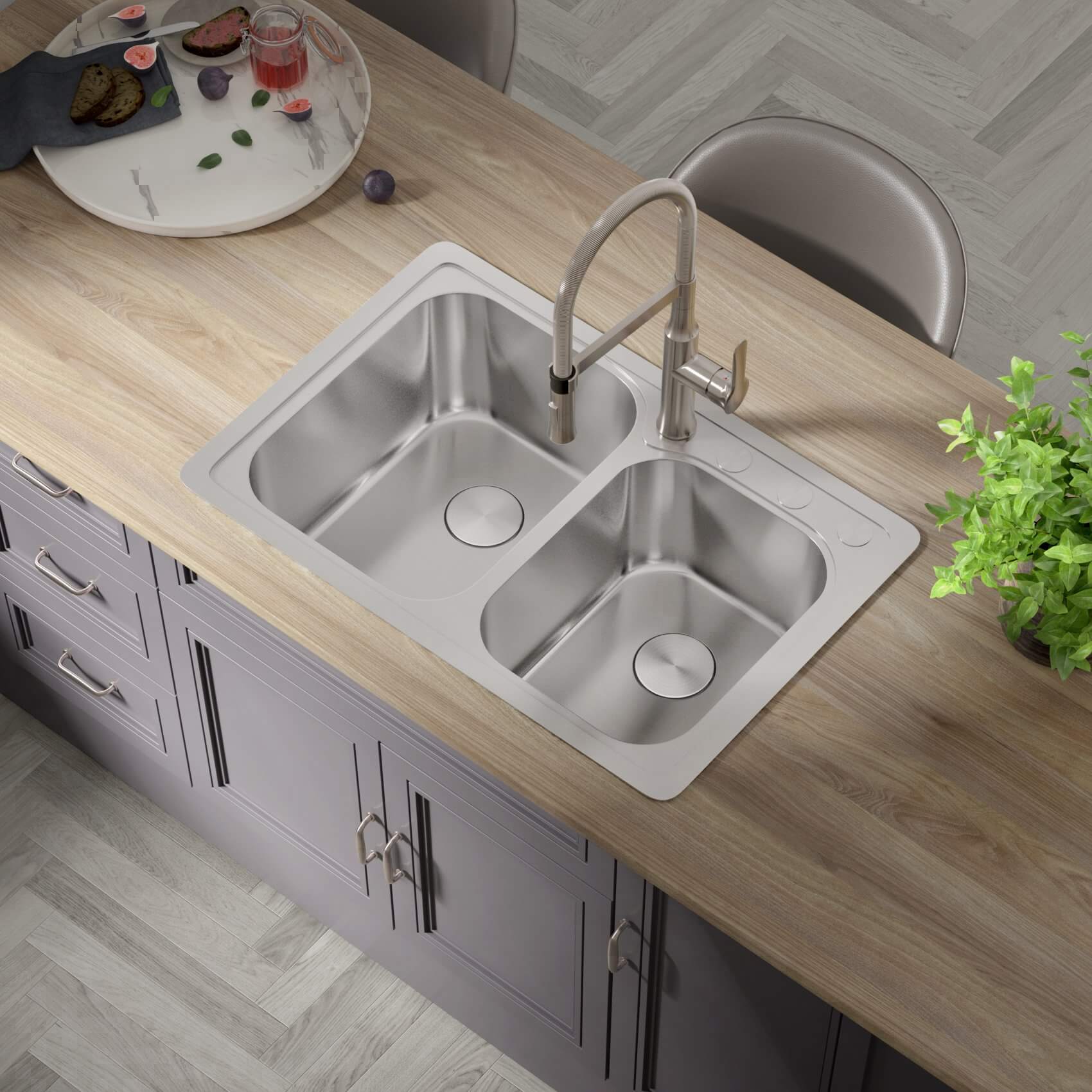 33" Top Mount Offset Double Bowl 4-Hole Stainless Steel Kitchen Sink, TOP-3322-9-D-22G