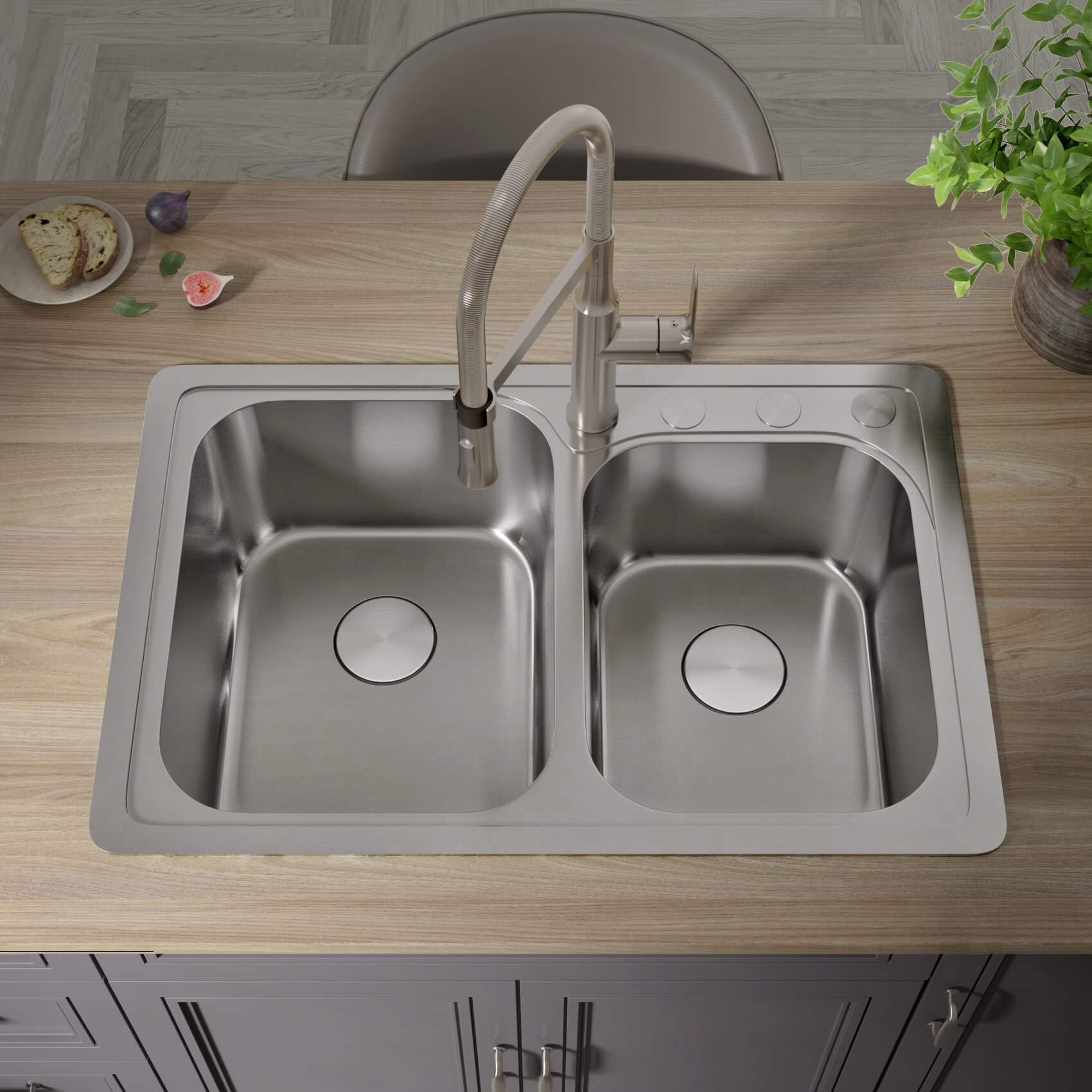 33" Top Mount Offset Double Bowl 4-Hole Stainless Steel Kitchen Sink, TOP-3322-9-D-22G