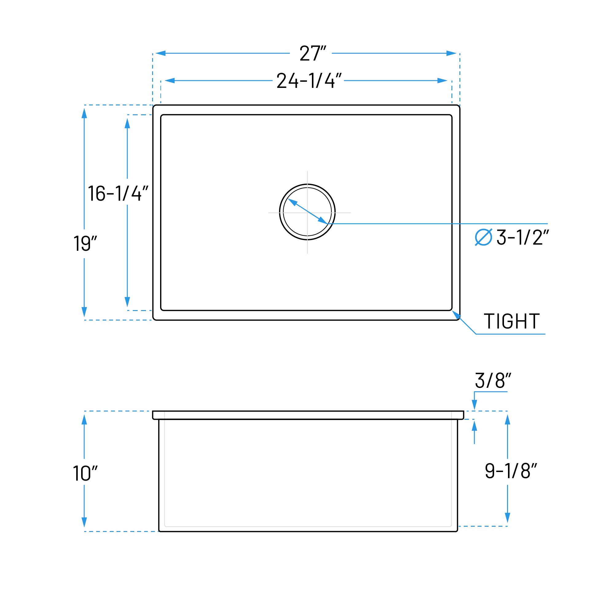 27 x 19" White Fireclay Dual Mount Single Bowl Kitchen Sink, FC-2719-S
