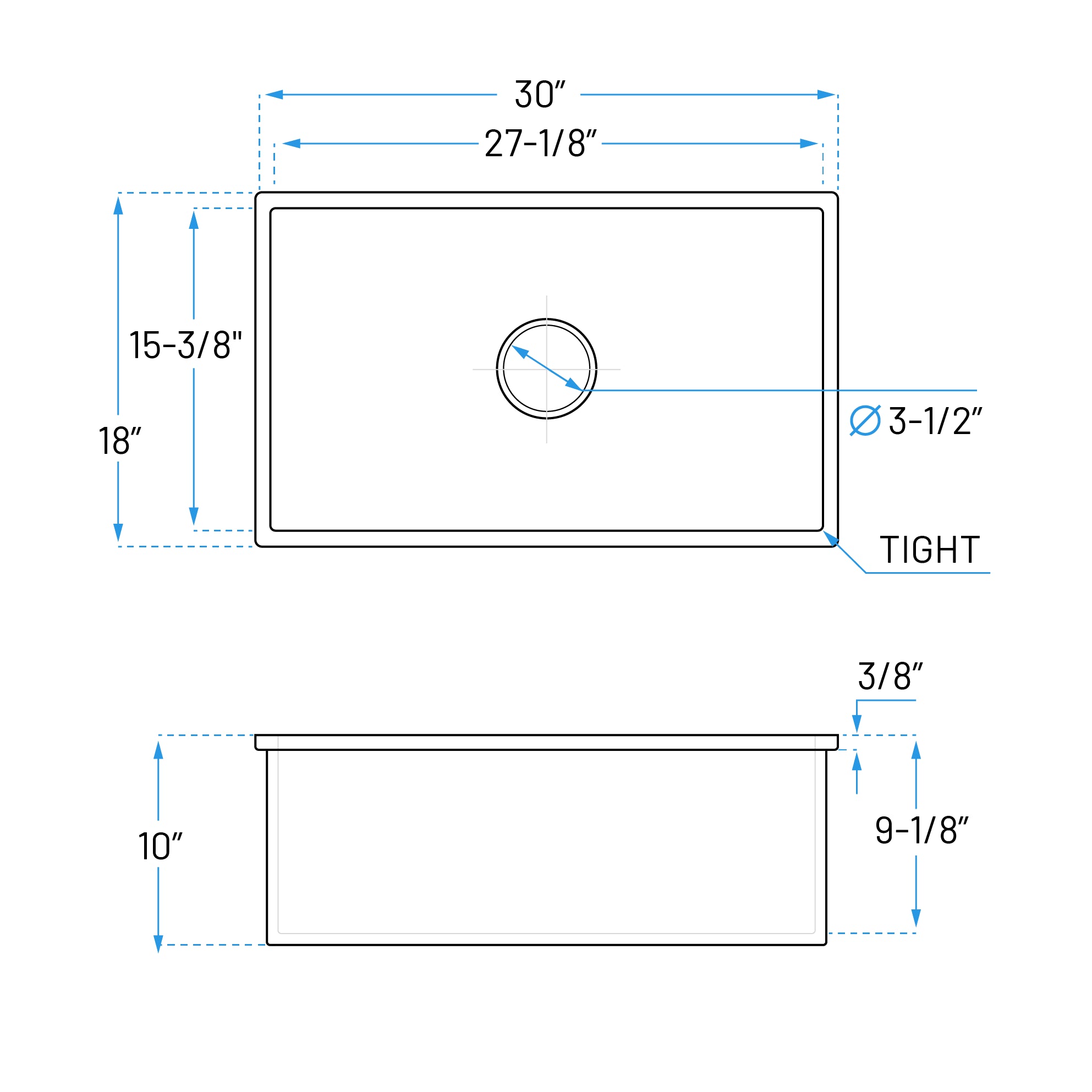 30 x 18" White Fireclay Dual Mount Single Bowl Kitchen Sink, FC-3018-S