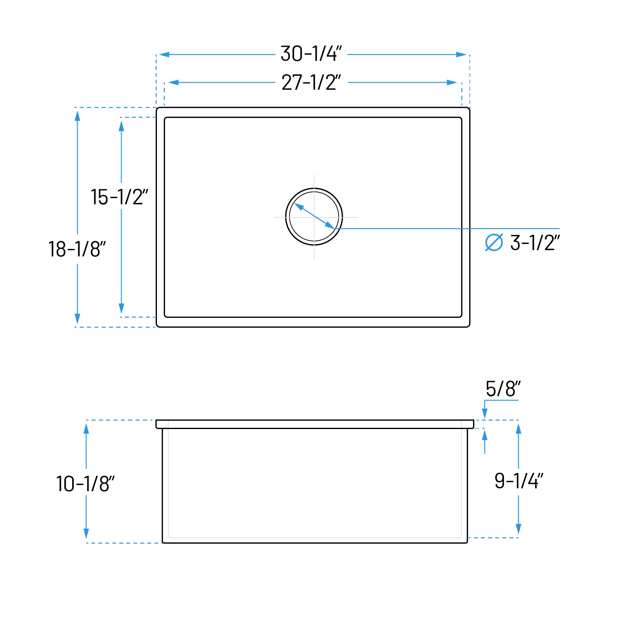 30 x 18" White Fireclay Dual Mount Single Bowl Kitchen Sink with Grid and Strainer, FC-3018-S