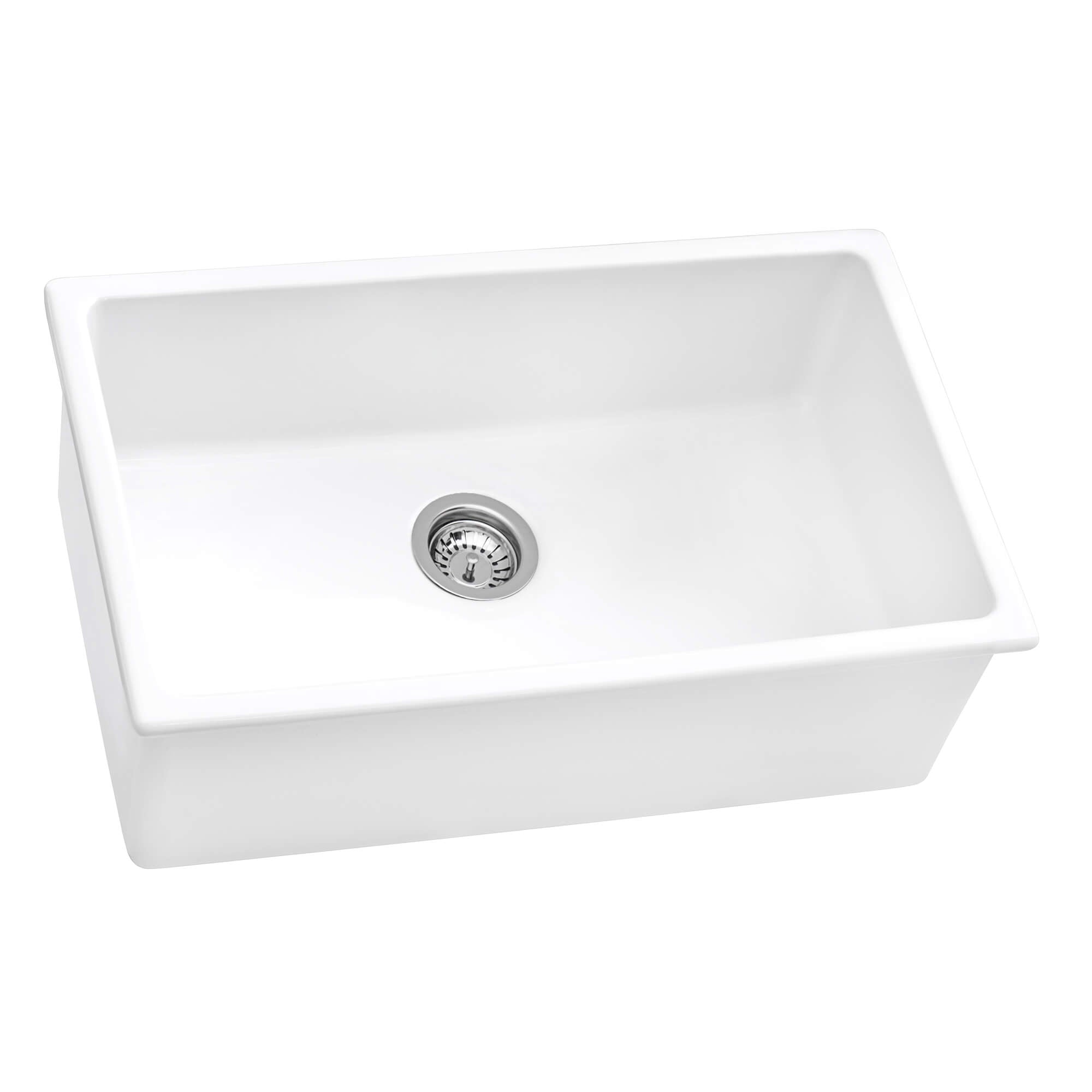 27 x 19" White Fireclay Dual Mount Single Bowl Kitchen Sink with Grid and Strainer, FC-2719-S