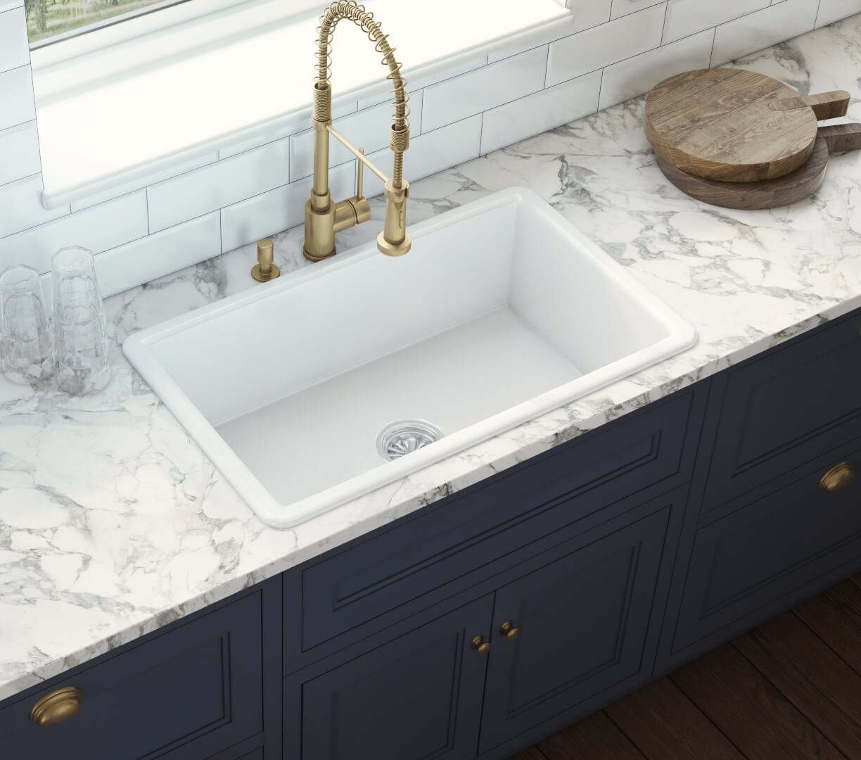 27 x 19" White Fireclay Dual Mount Single Bowl Kitchen Sink with Grid and Strainer, FC-2719-S