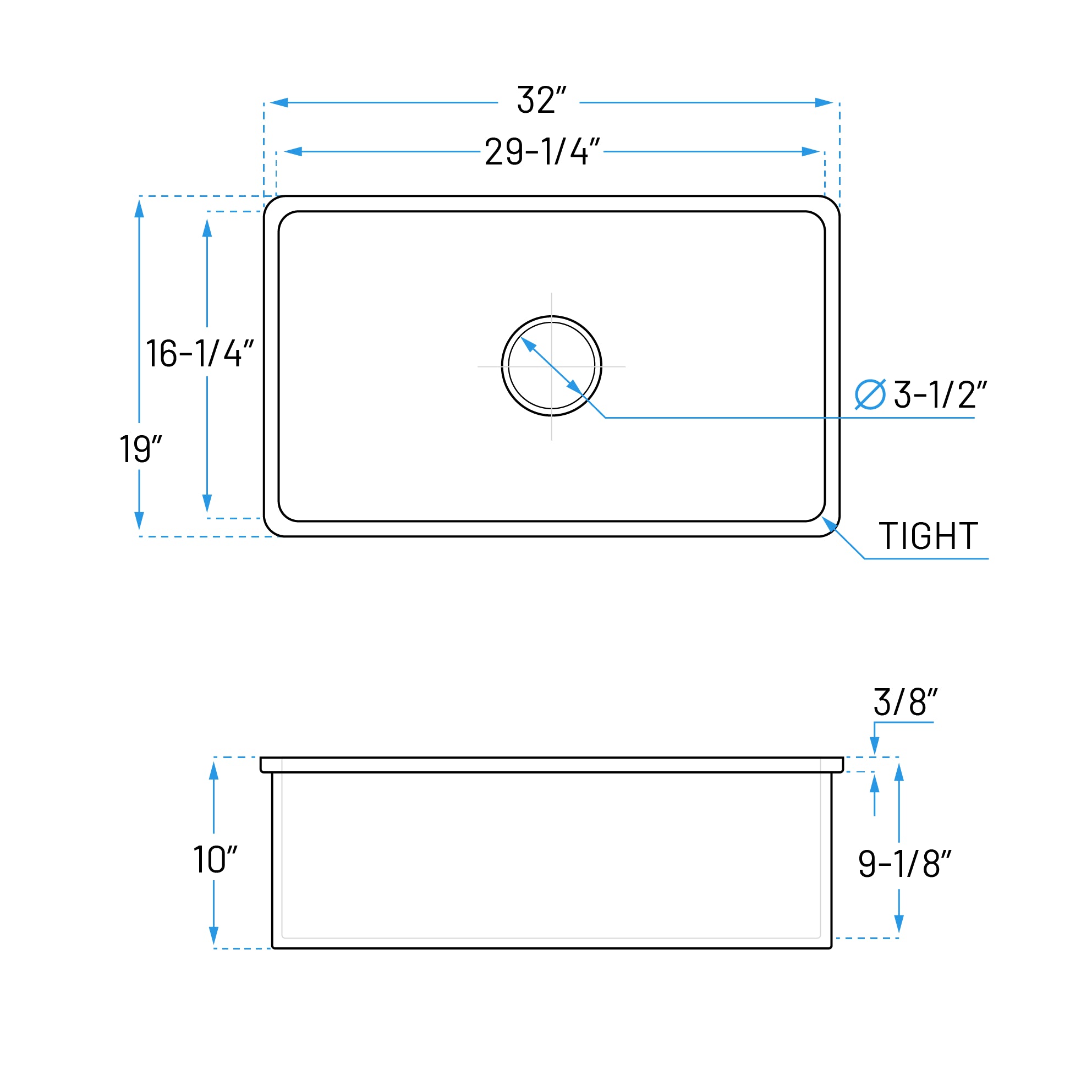 32 x 19" White Fireclay Dual Mount Single Bowl Kitchen Sink, FC-3219-S
