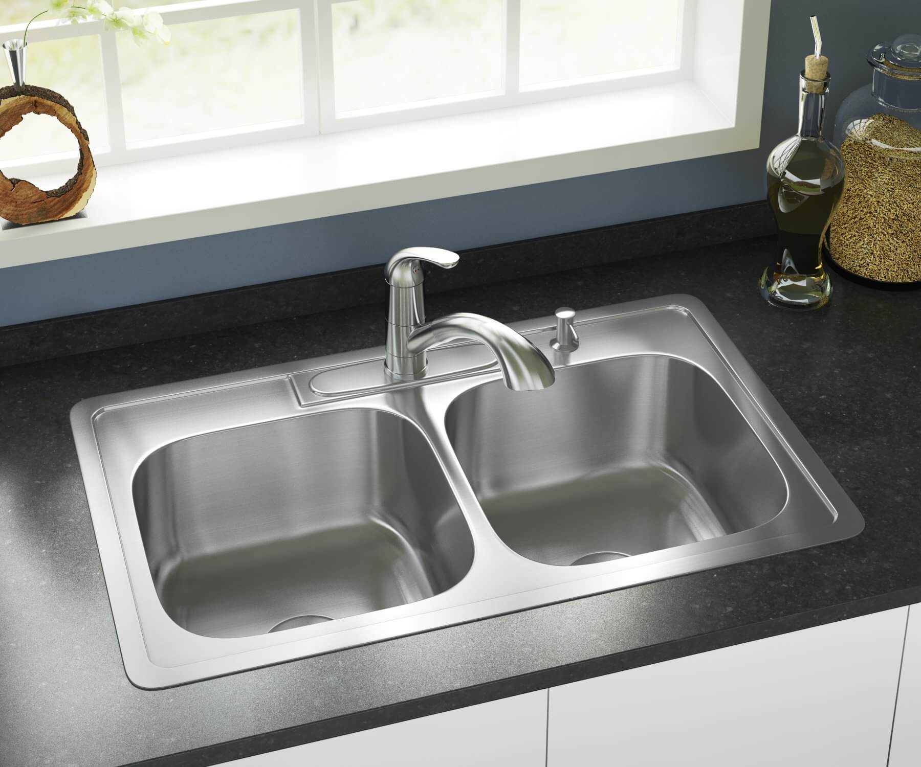 33" x 19" Narrow Top Mount Double Bowl 4-Hole Stainless Steel Kitchen Sink, TOP-3319-8-D