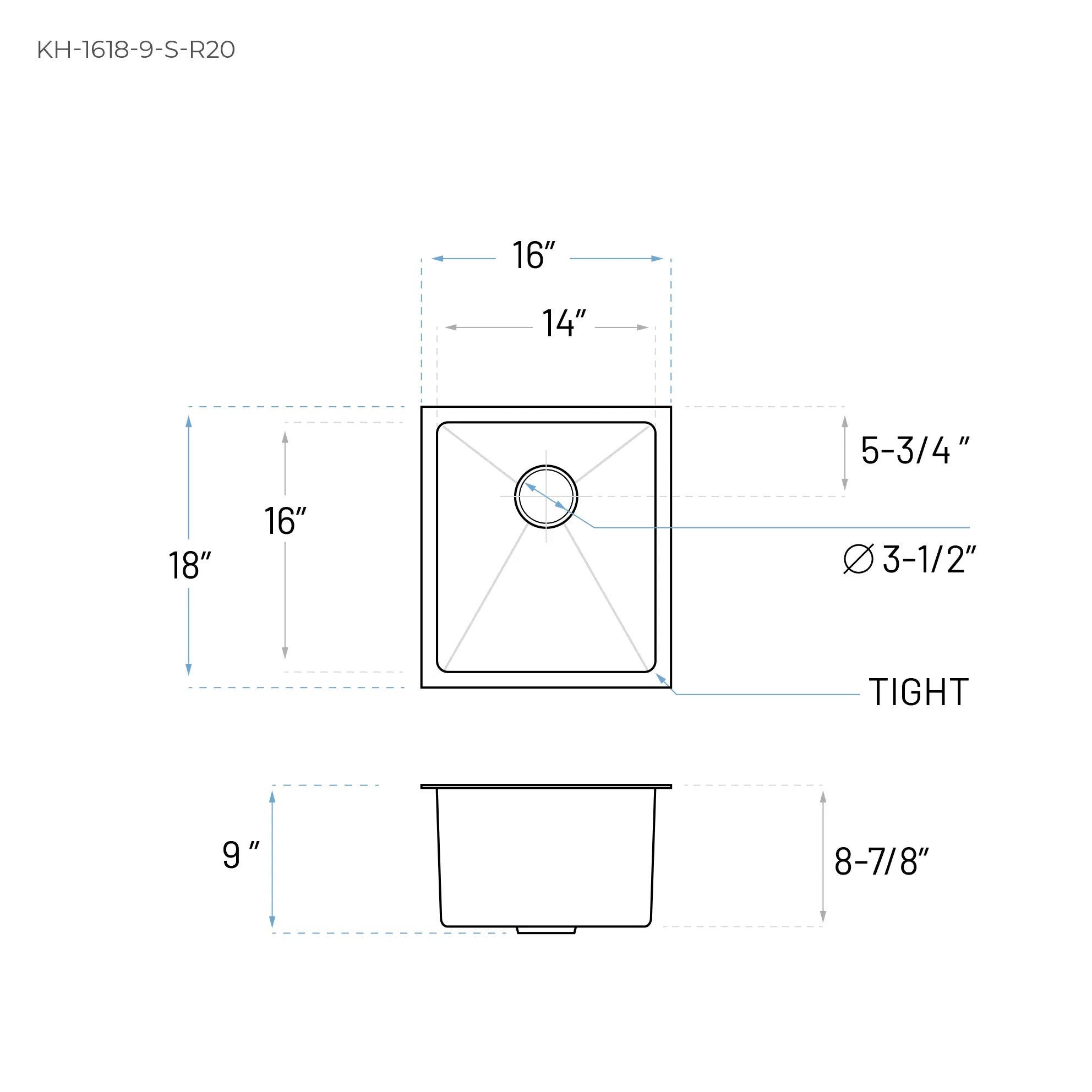 16" Undermount Stainless Steel Bar & Prep Sink, KH-1618-9-S-R20