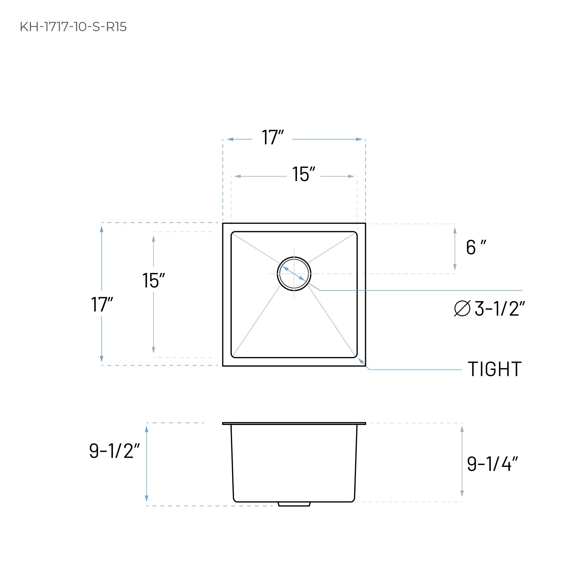 17" Undermount Stainless Steel Deep Bar and RV Sink, KH-1717-10-S-R15