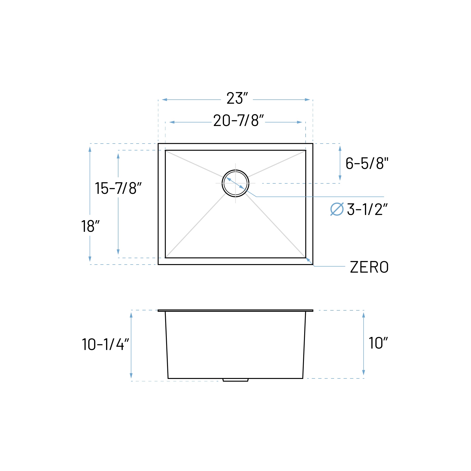 23" Zero Radius Undermount Stainless Steel Single Bowl Kitchen Sink, KH-2318-10-S-R0