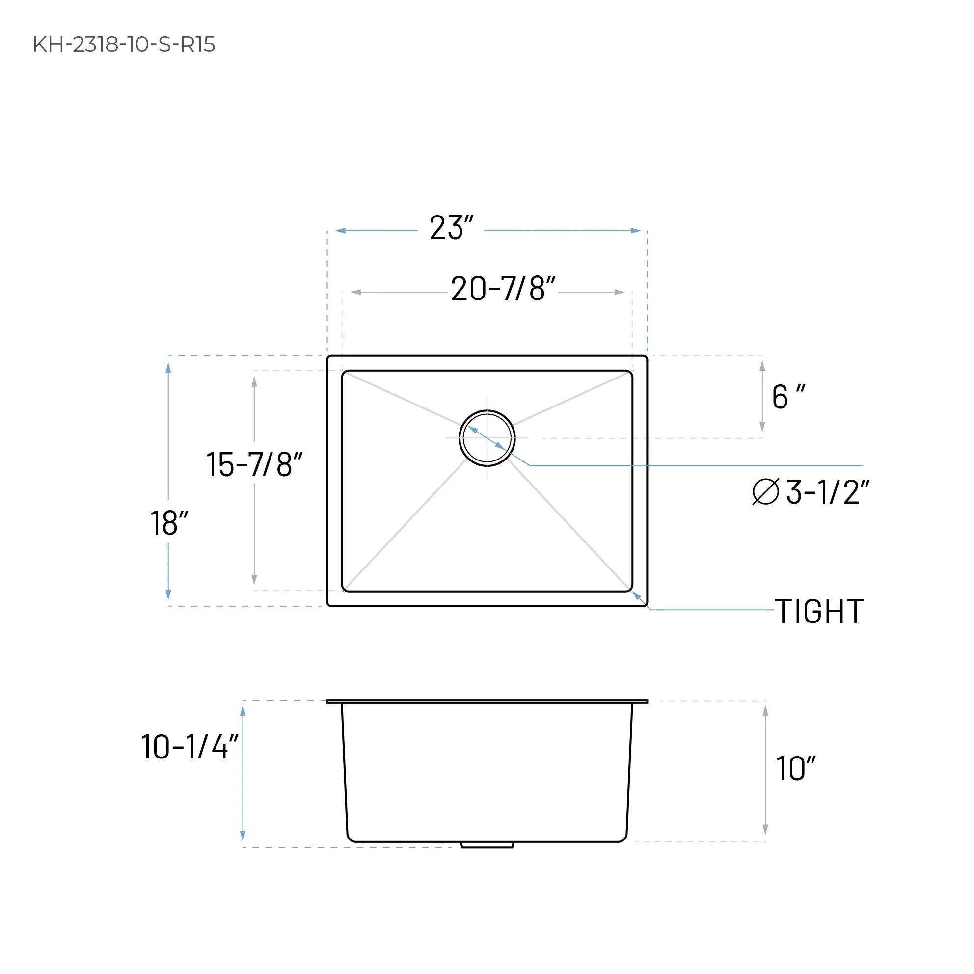 23" Undermount Stainless Steel Deep Single Bowl Kitchen Sink, KH-2318-10-S-R15