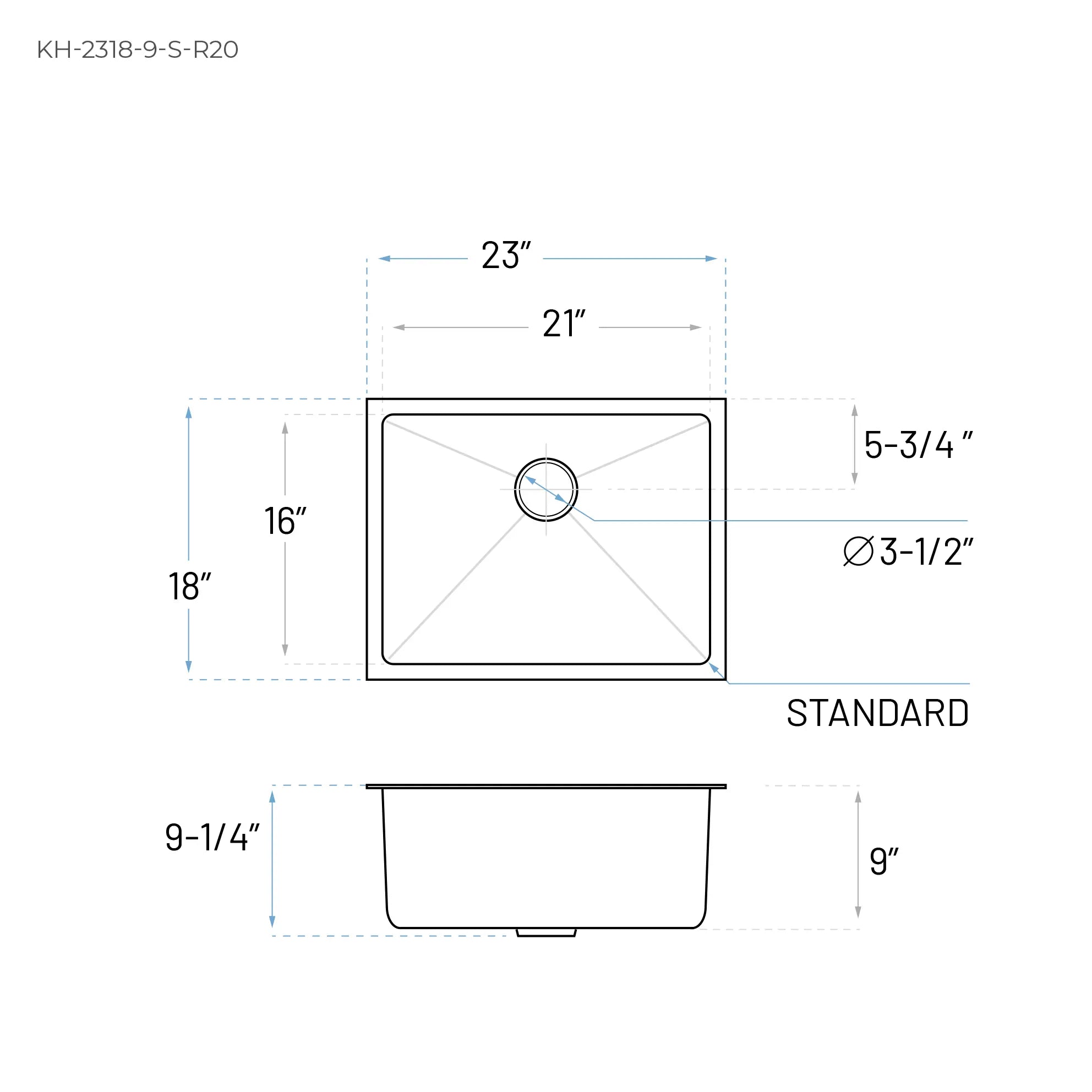 23" Small Steel Undermount Stainless Single Bowl Kitchen Sink, KH-2318-9-S-R20