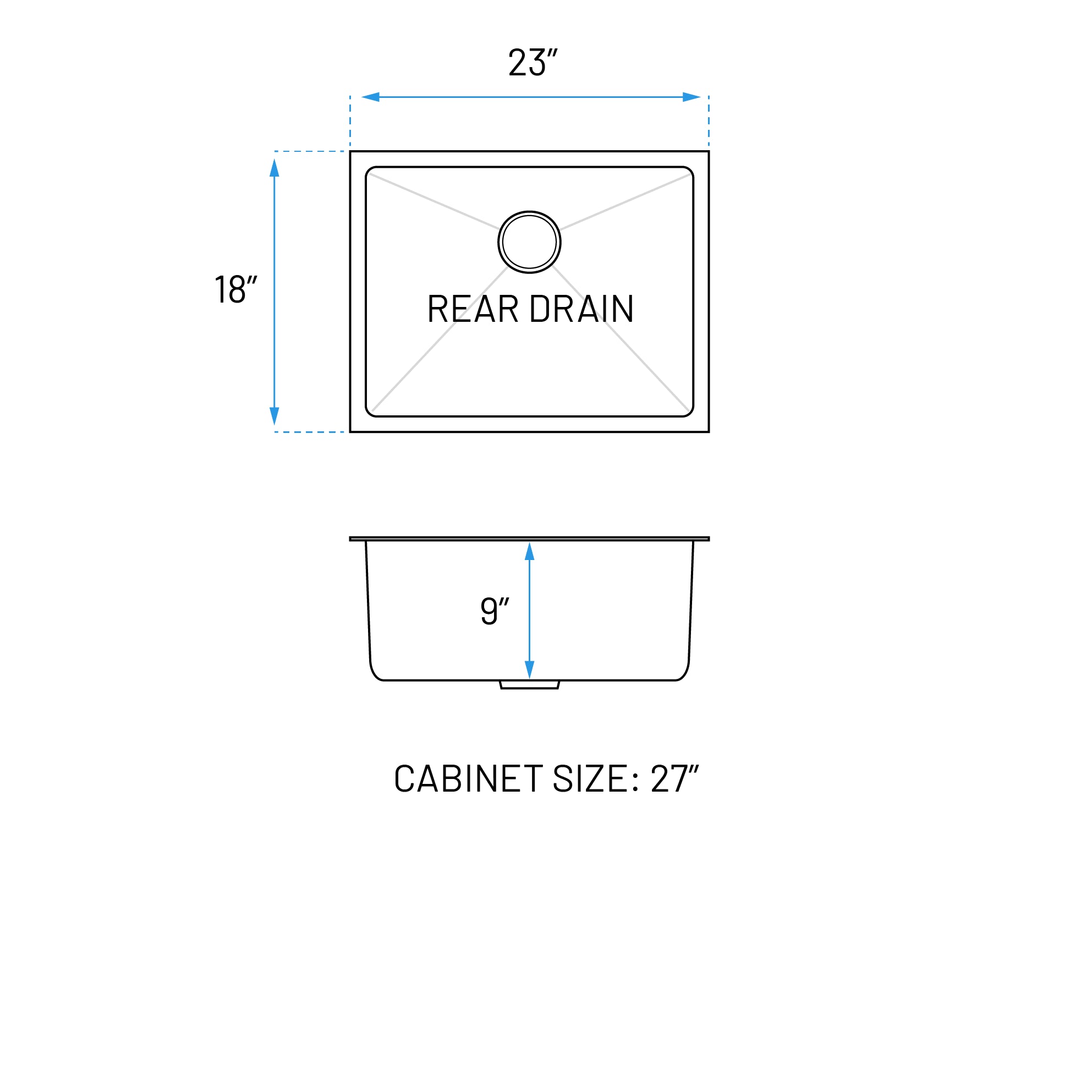 23" Small Steel Undermount Stainless Single Bowl Kitchen Sink, KH-2318-9-S-R20