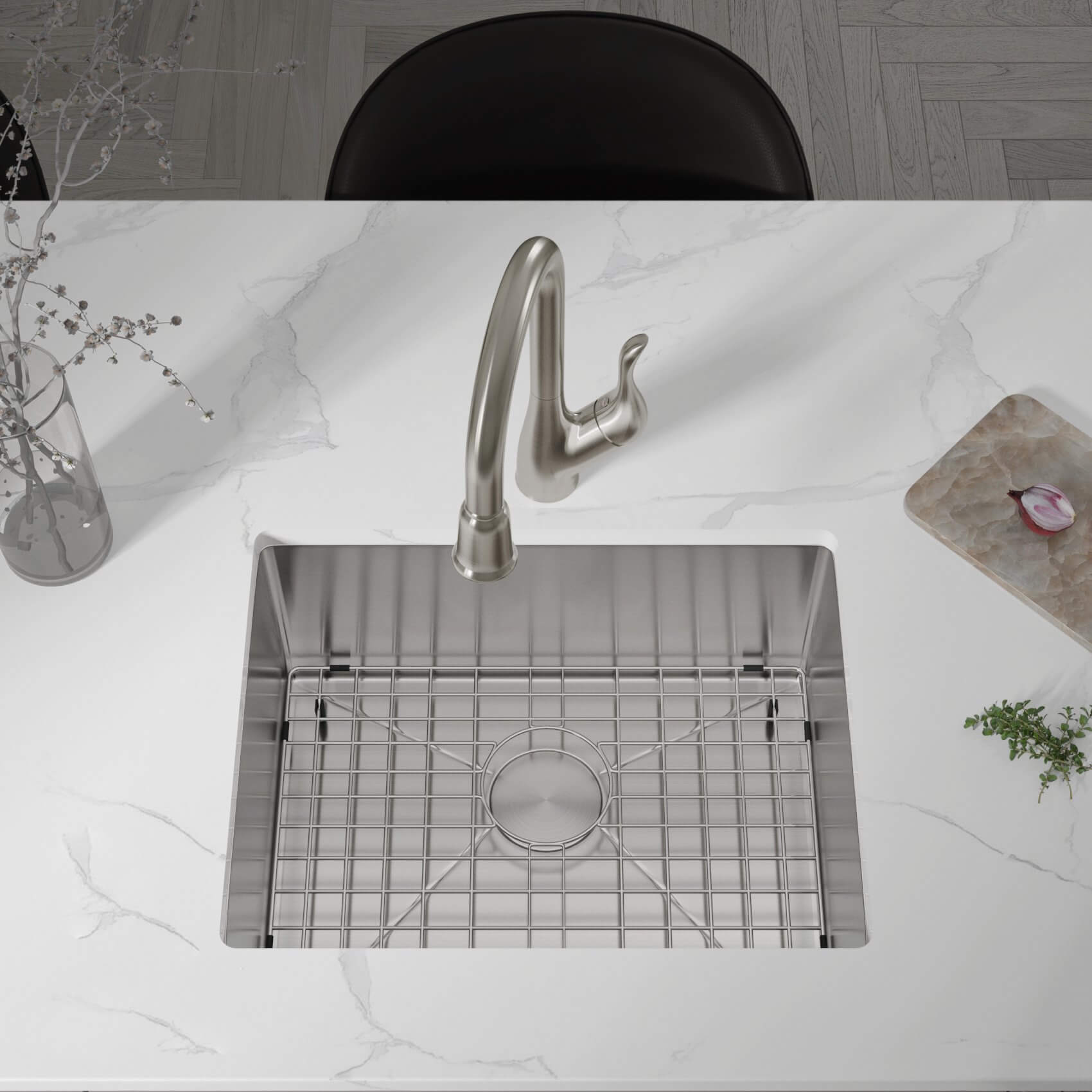 27" Standard Undermount Stainless Steel Single Bowl Kitchen Sink, KH-2718-9-S-R20